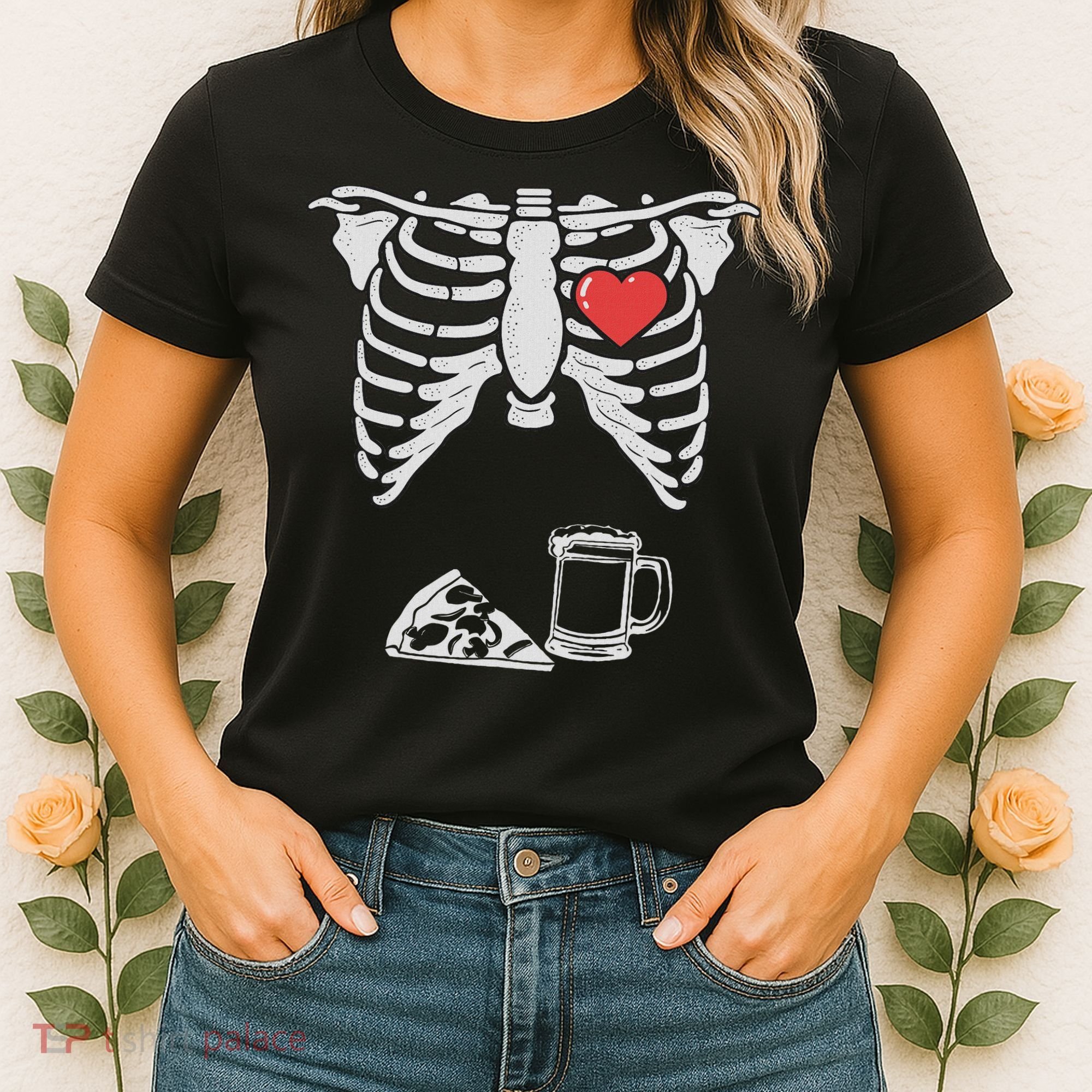 Dad Skeleton Halloween Beer Pizza Funny Pregnancy Couple Women's T-Shirt