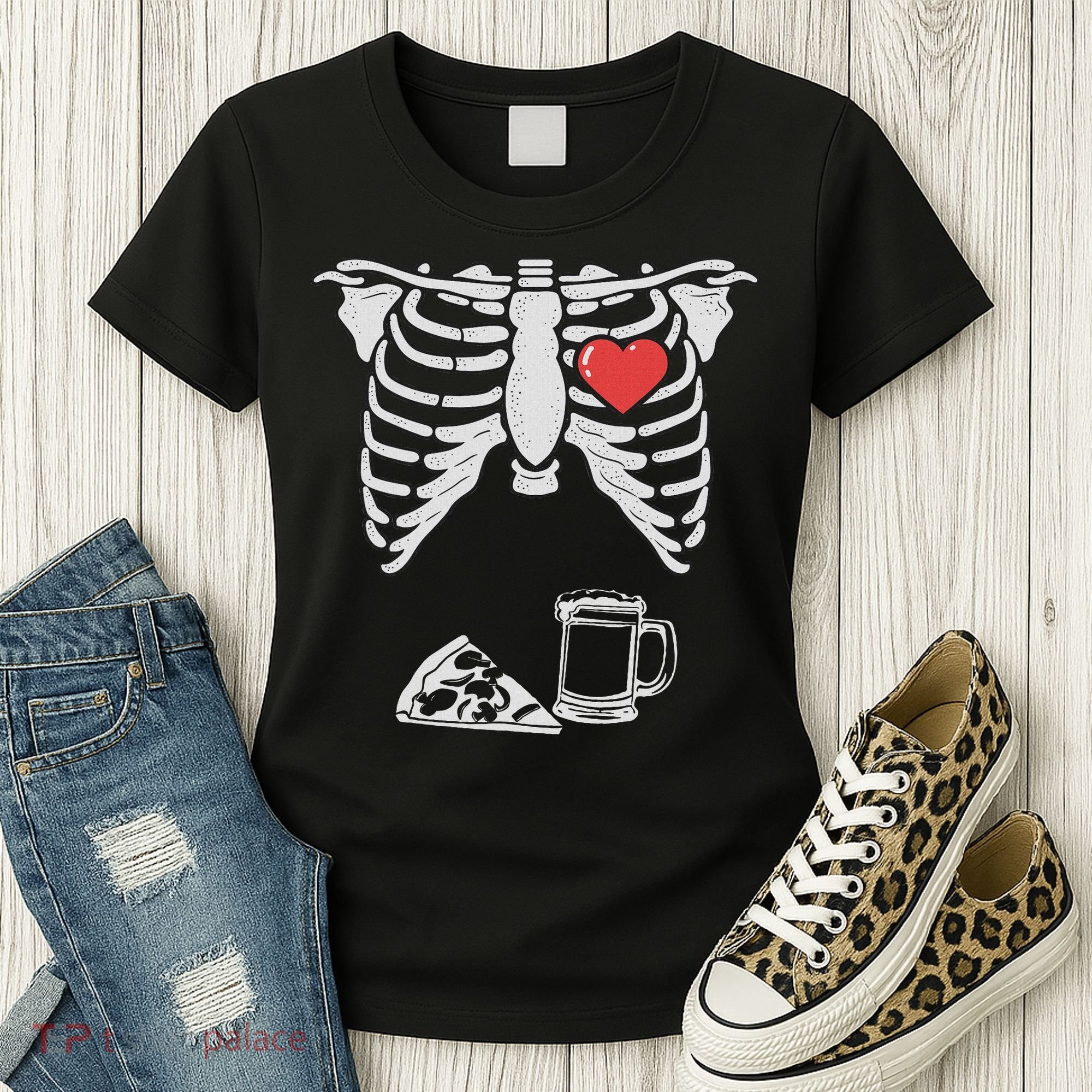 Dad Skeleton Halloween Beer Pizza Funny Pregnancy Couple Women's T-Shirt