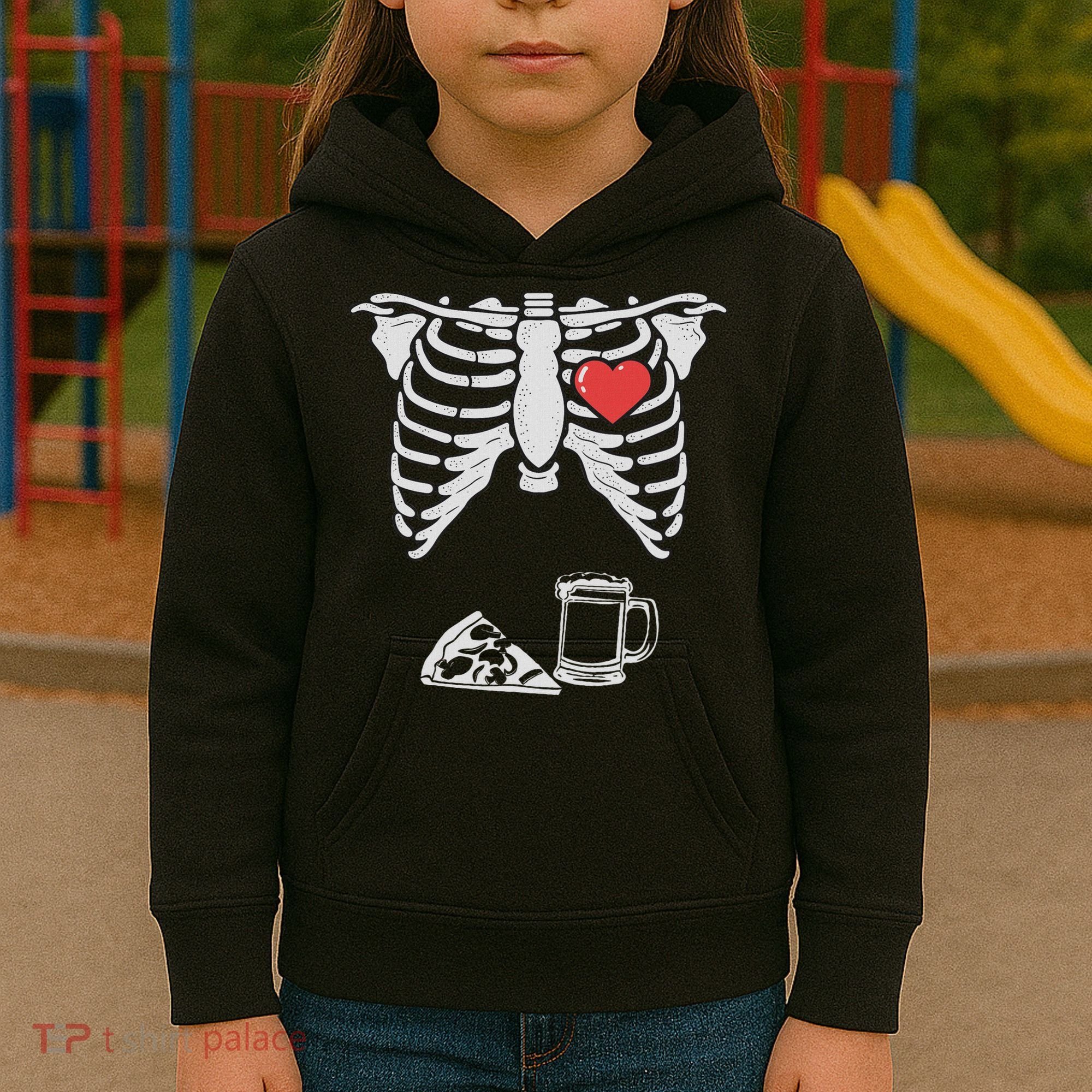 Dad Skeleton Halloween Beer Pizza Funny Pregnancy Couple Kids Hoodie