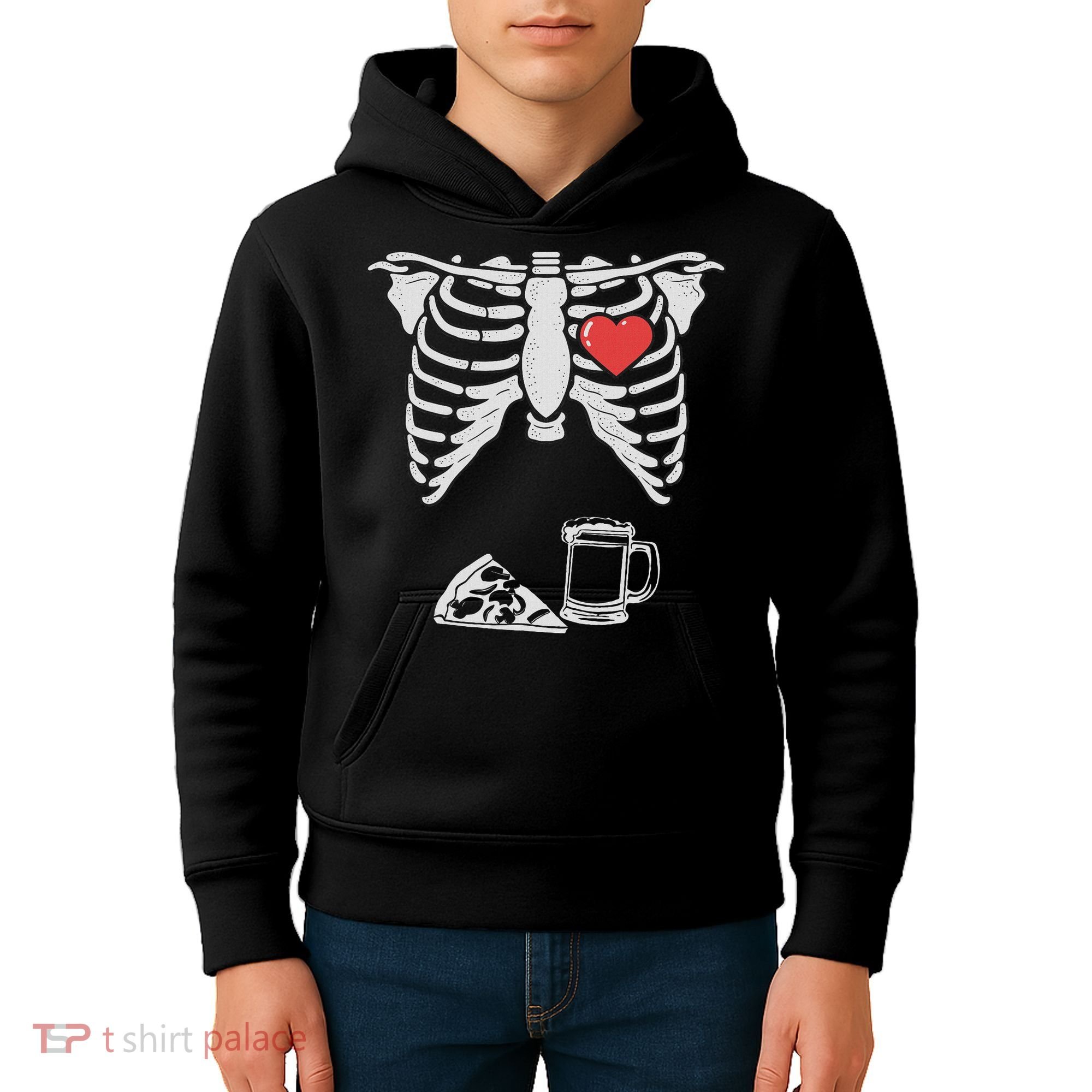 Dad Skeleton Halloween Beer Pizza Funny Pregnancy Couple Kids Hoodie