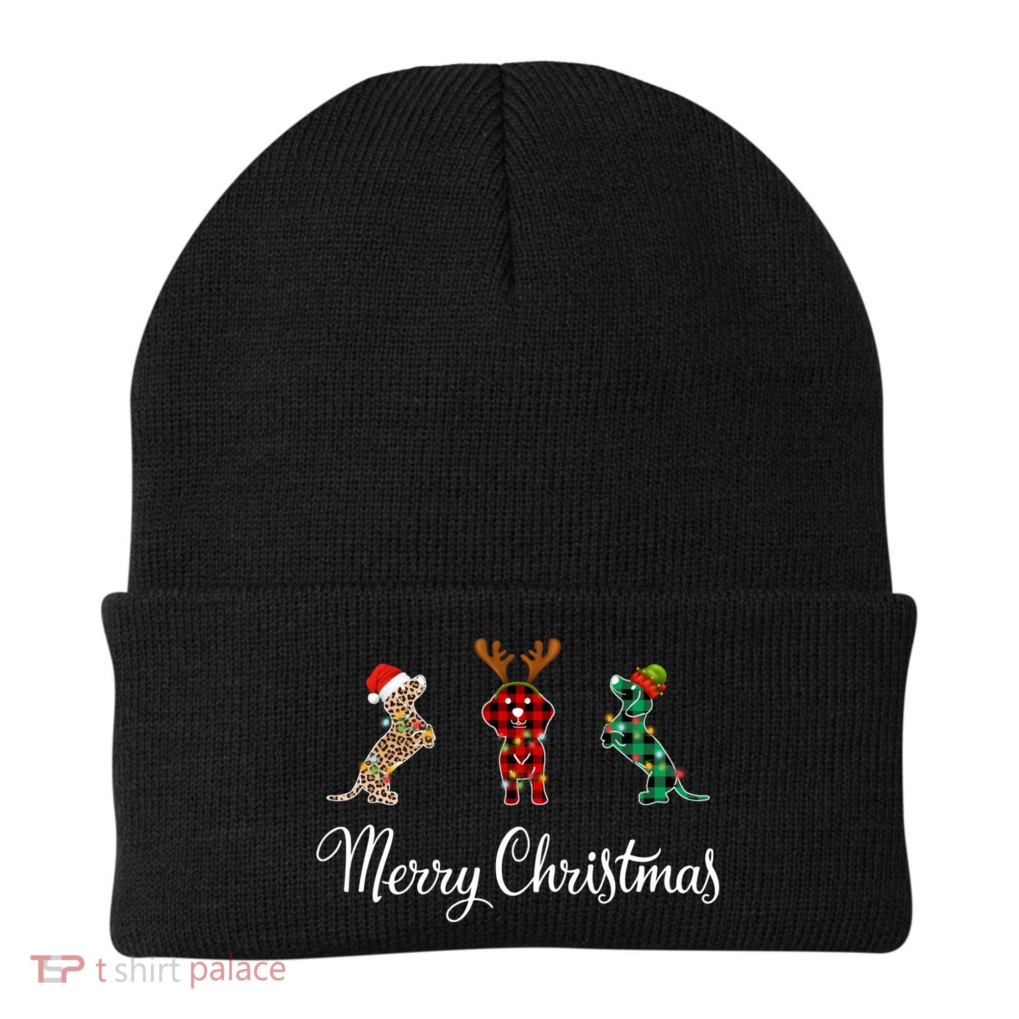 Dachshund Santa Hat Reindeer Christmas Leopard Buffalo Plaid Gift Beanie