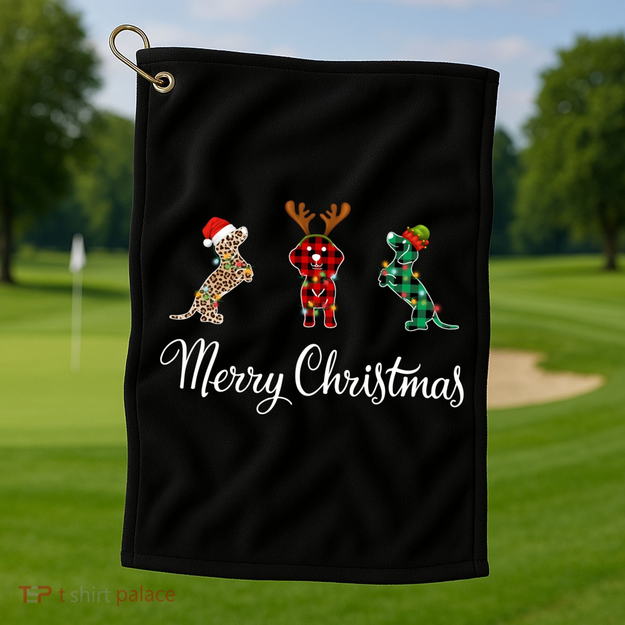 Dachshund Santa Hat Reindeer Christmas Leopard Buffalo Plaid Gift Golf Towel