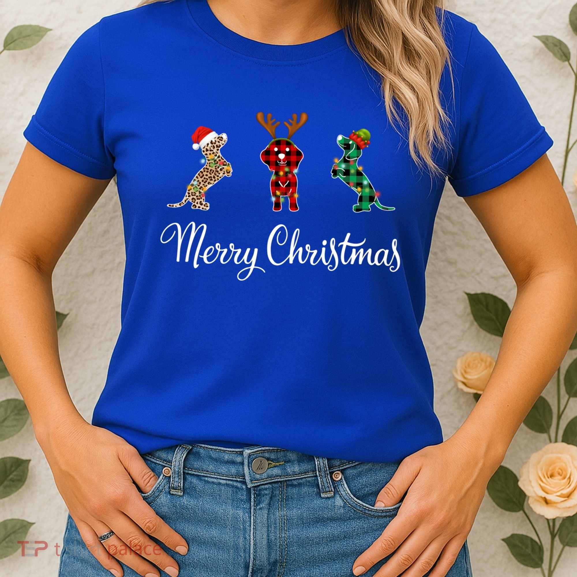 Dachshund Santa Hat Reindeer Christmas Leopard Buffalo Plaid Gift Women's T-Shirt