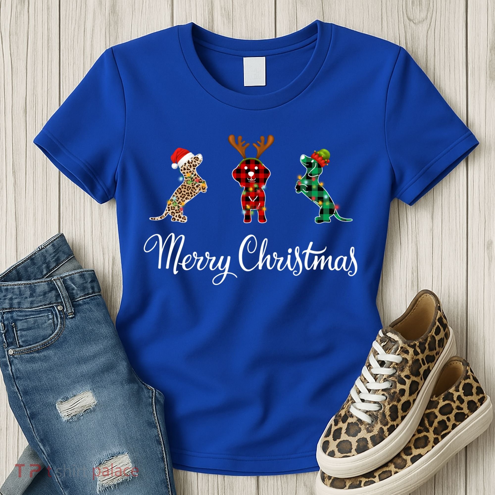 Dachshund Santa Hat Reindeer Christmas Leopard Buffalo Plaid Gift Women's T-Shirt