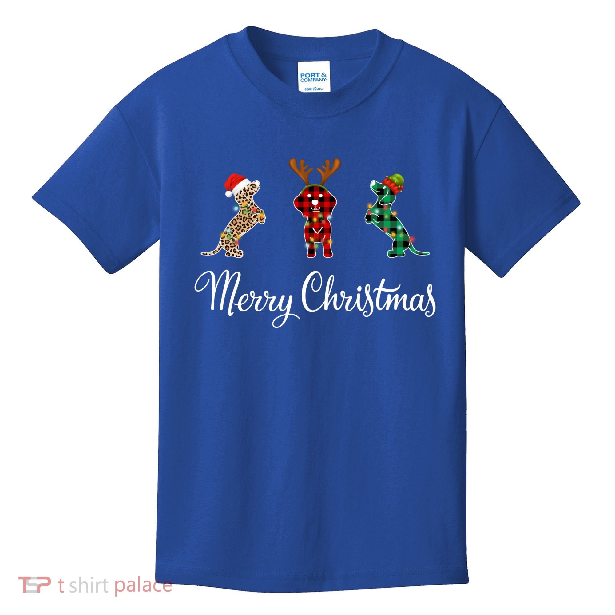 Dachshund Santa Hat Reindeer Christmas Leopard Buffalo Plaid Gift Kids T-Shirt
