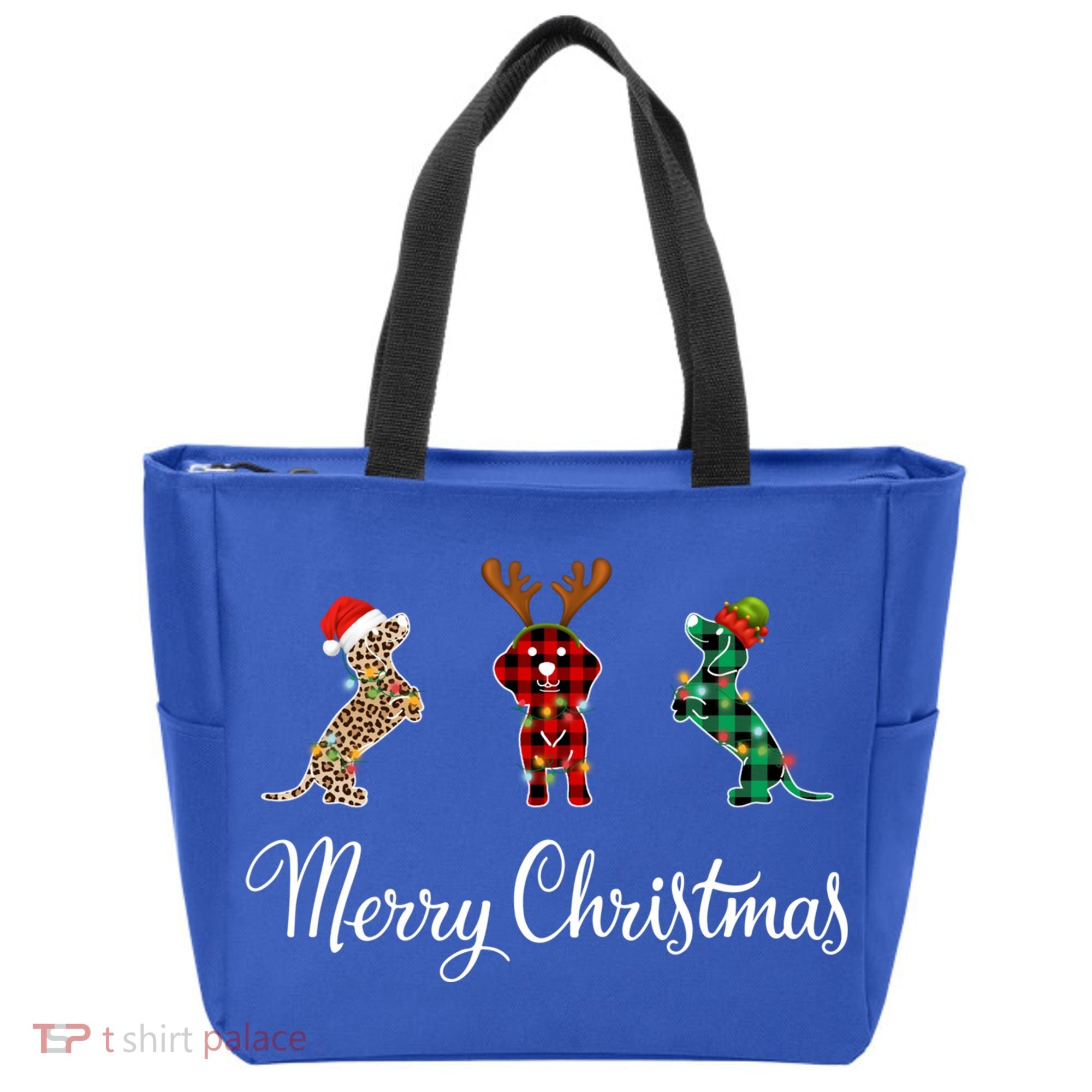 Dachshund Santa Hat Reindeer Christmas Leopard Buffalo Plaid Gift Tote Bag