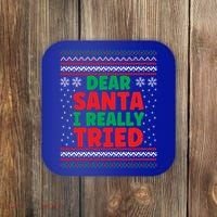 Dear Santa I Really Tried Funny Ugly Christmas Sweater Gift Coaster thumb 0