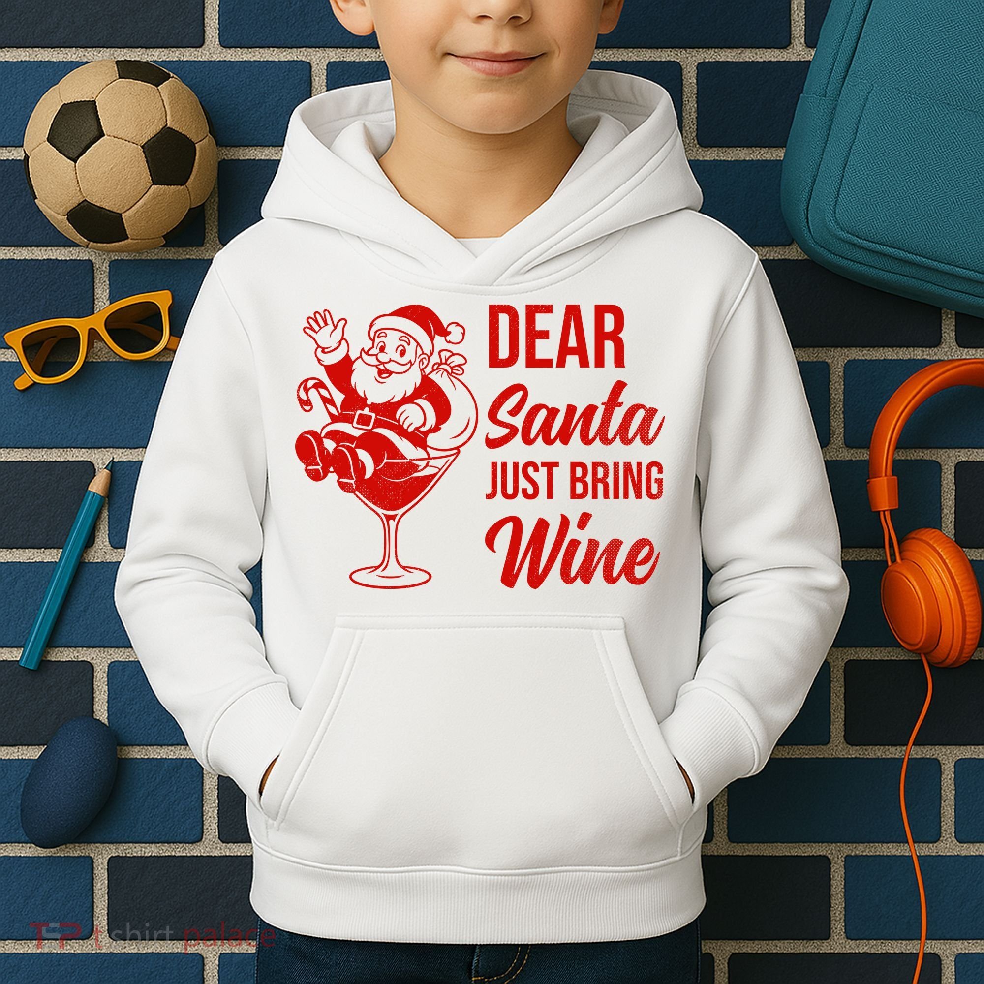Dear Santa Just Bring Wine Christmas Kids Hoodie