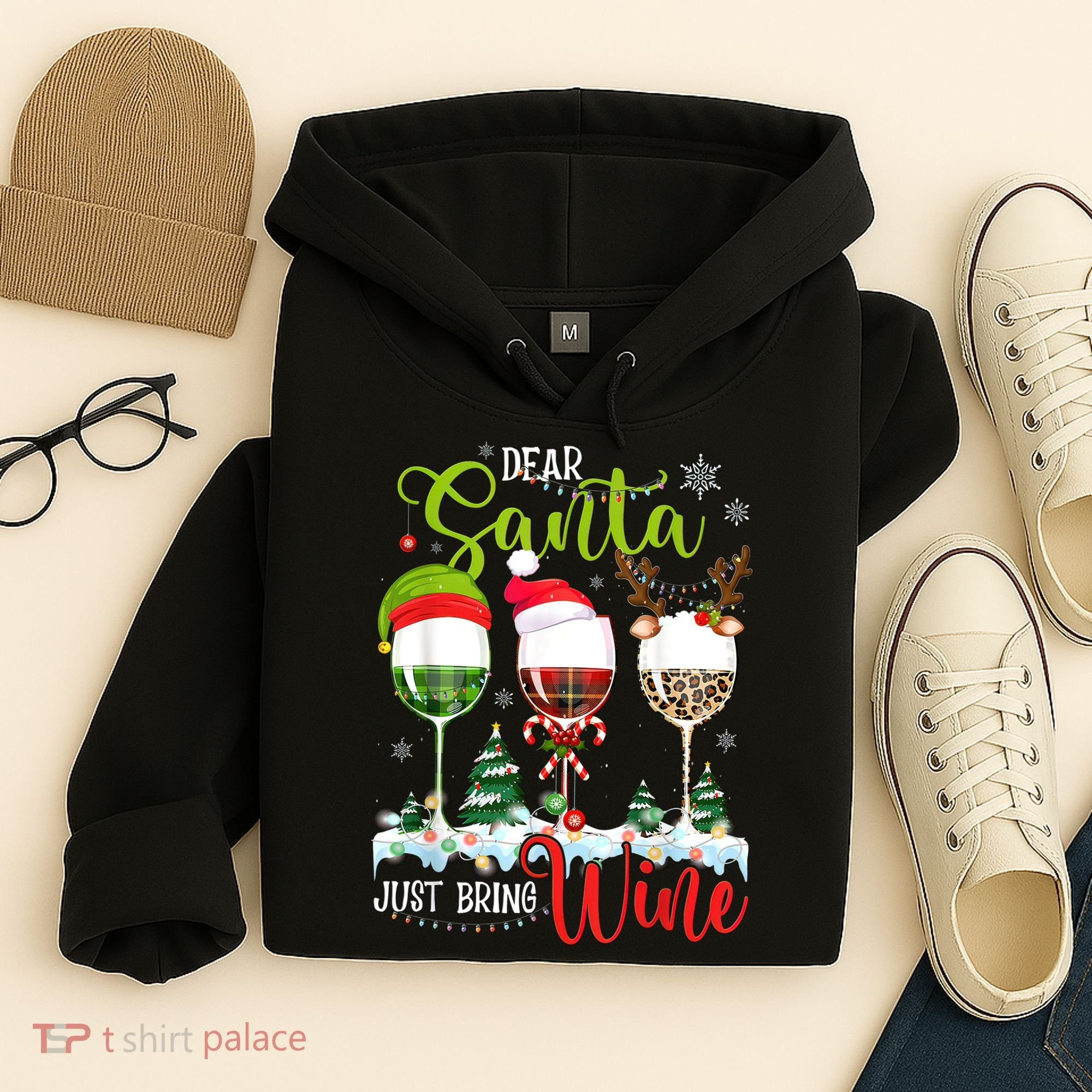 Dear Santa Just Bring Wine Funny Christmas Wine Glasses Hoodie