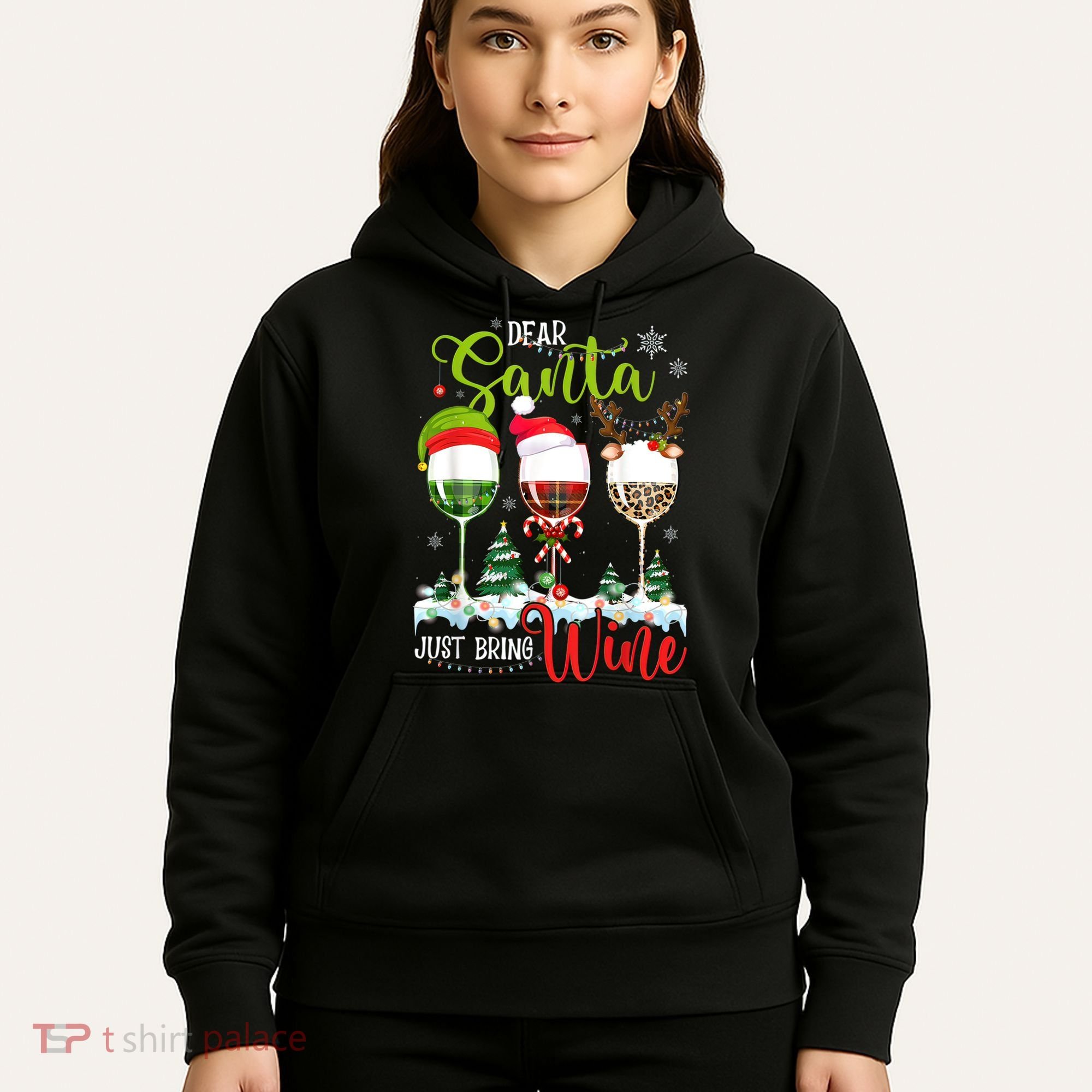 Dear Santa Just Bring Wine Funny Christmas Wine Glasses Hoodie