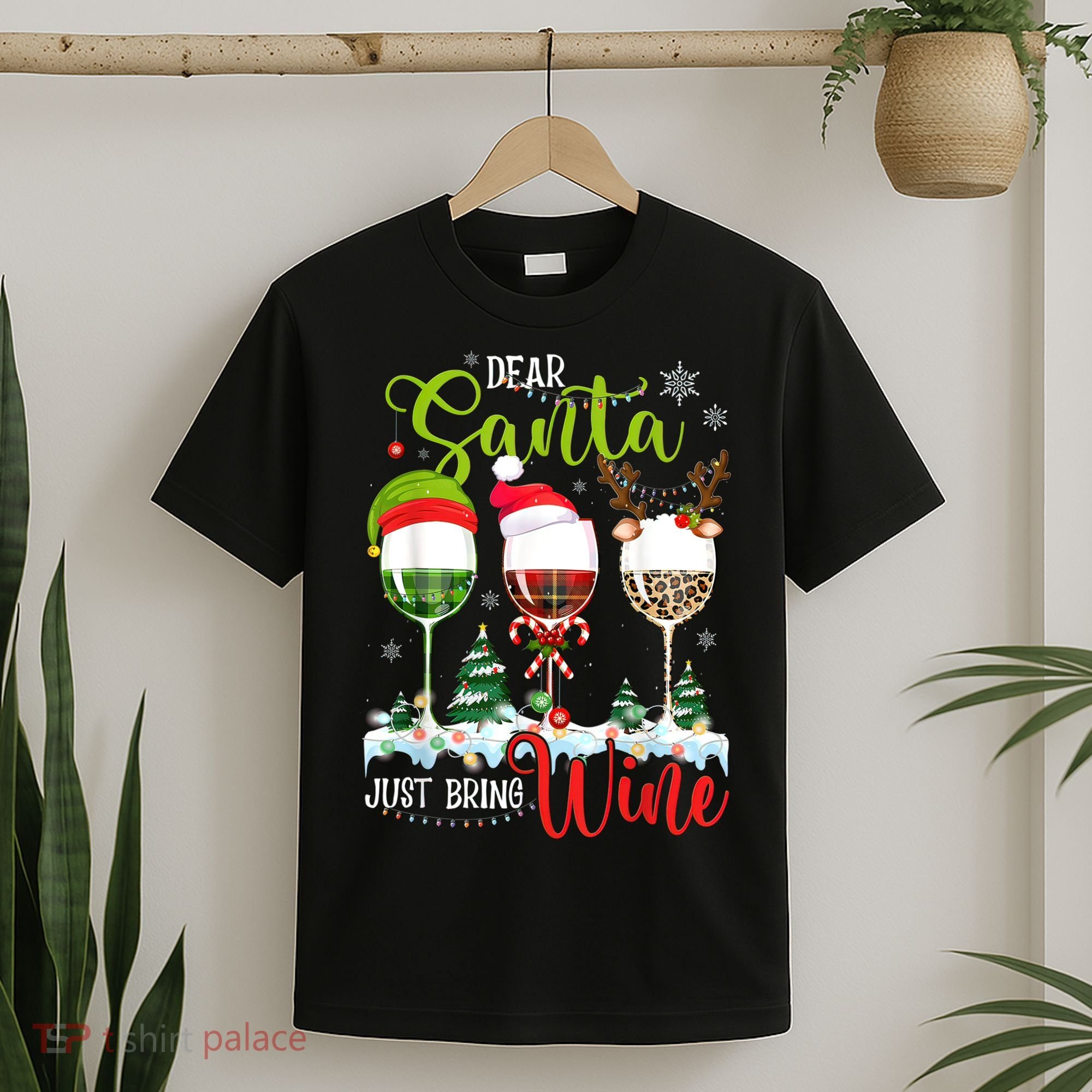 Dear Santa Just Bring Wine Funny Christmas Wine Glasses T-Shirt