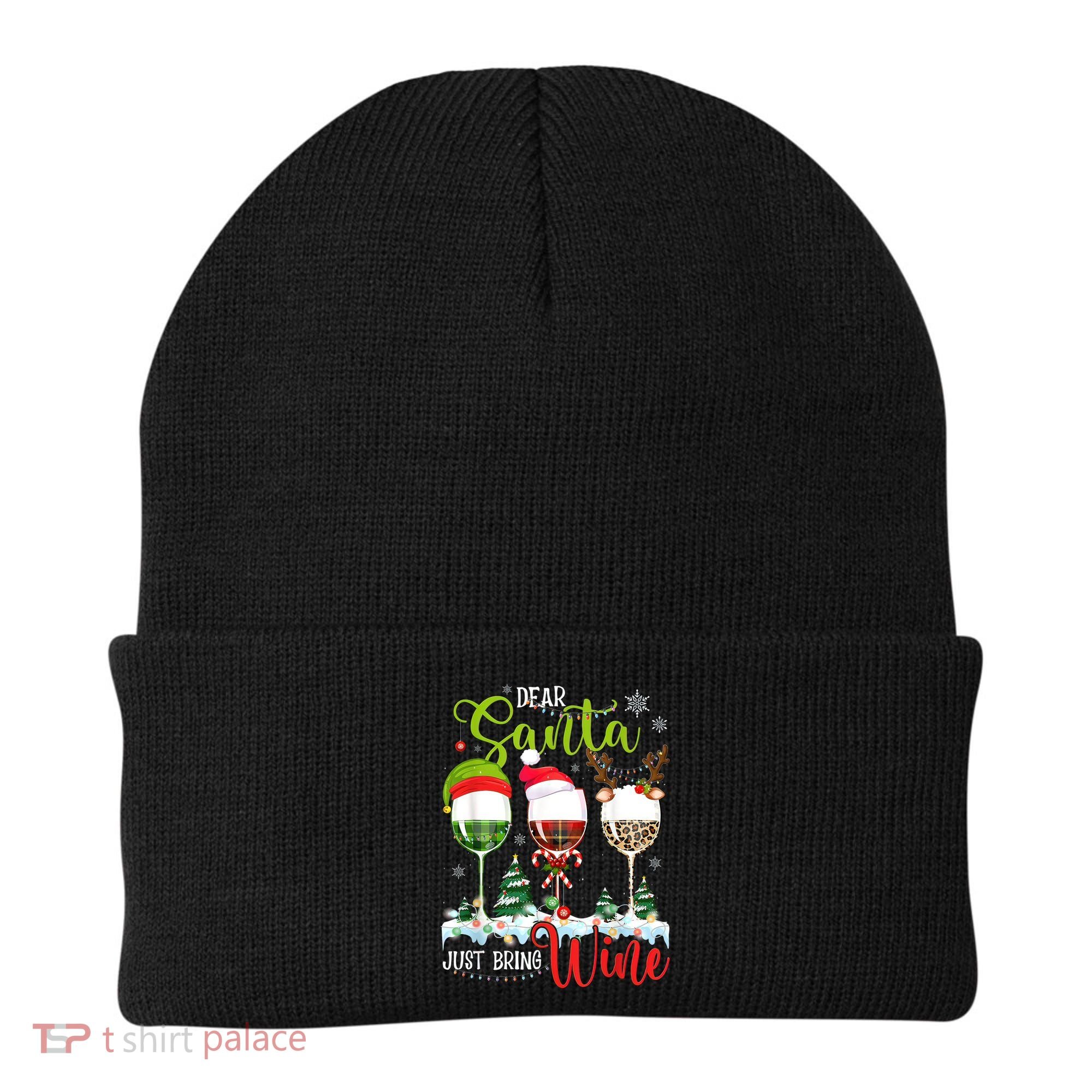 Dear Santa Just Bring Wine Funny Christmas Wine Glasses Beanie
