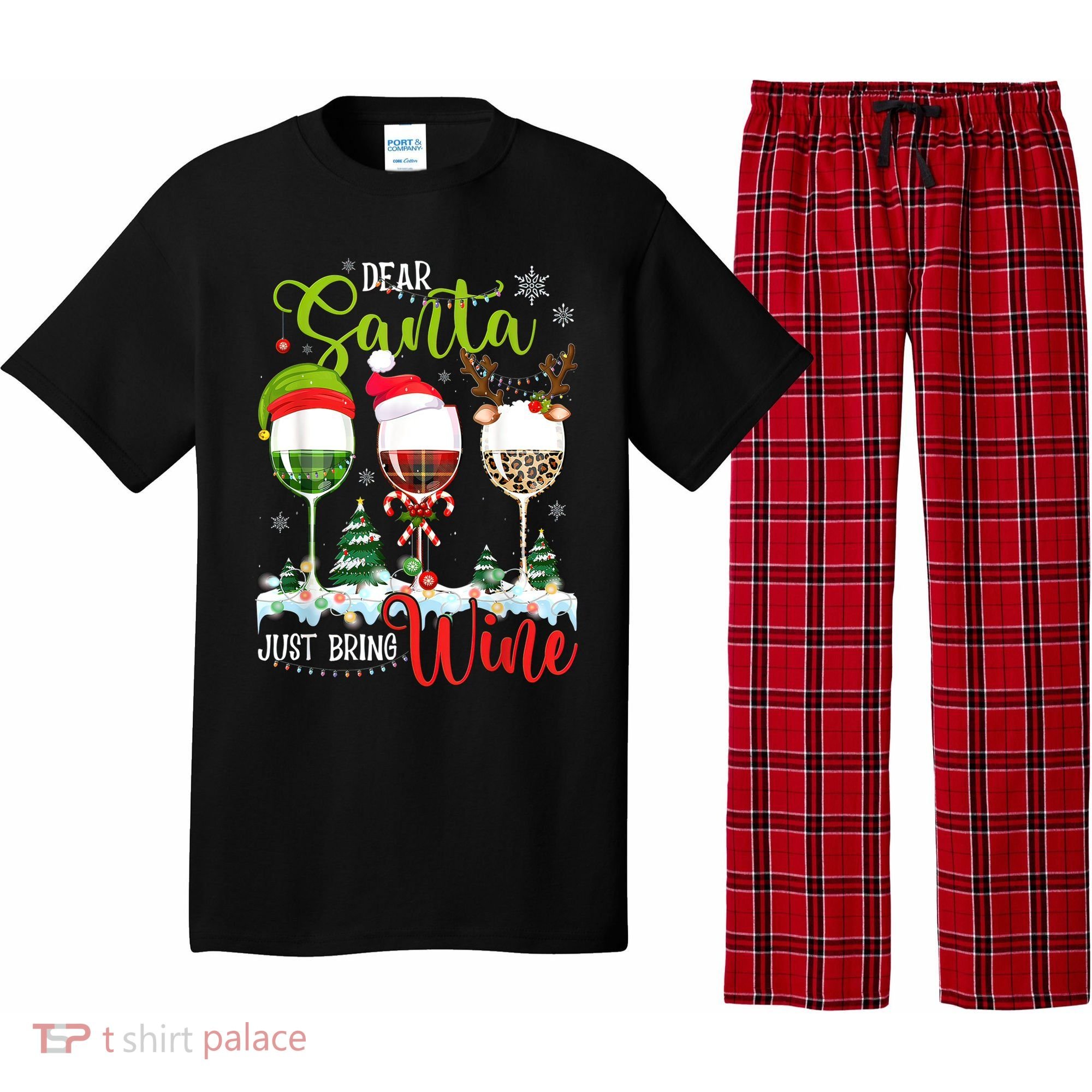 Dear Santa Just Bring Wine Funny Christmas Wine Glasses Pajama Set