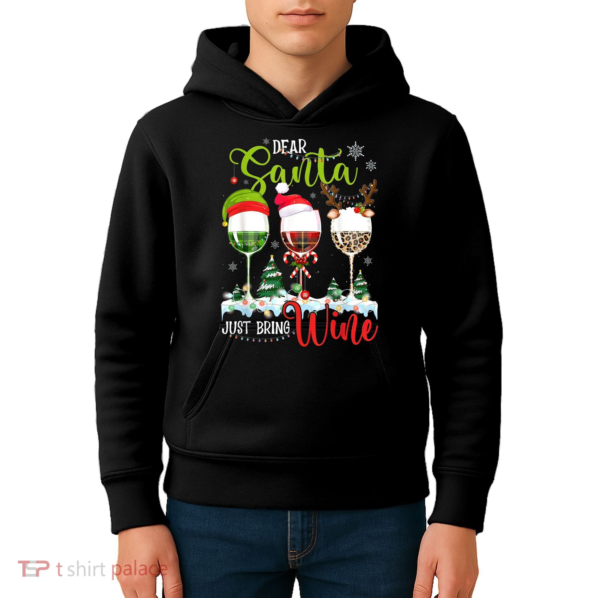 Dear Santa Just Bring Wine Funny Christmas Wine Glasses Kids Hoodie
