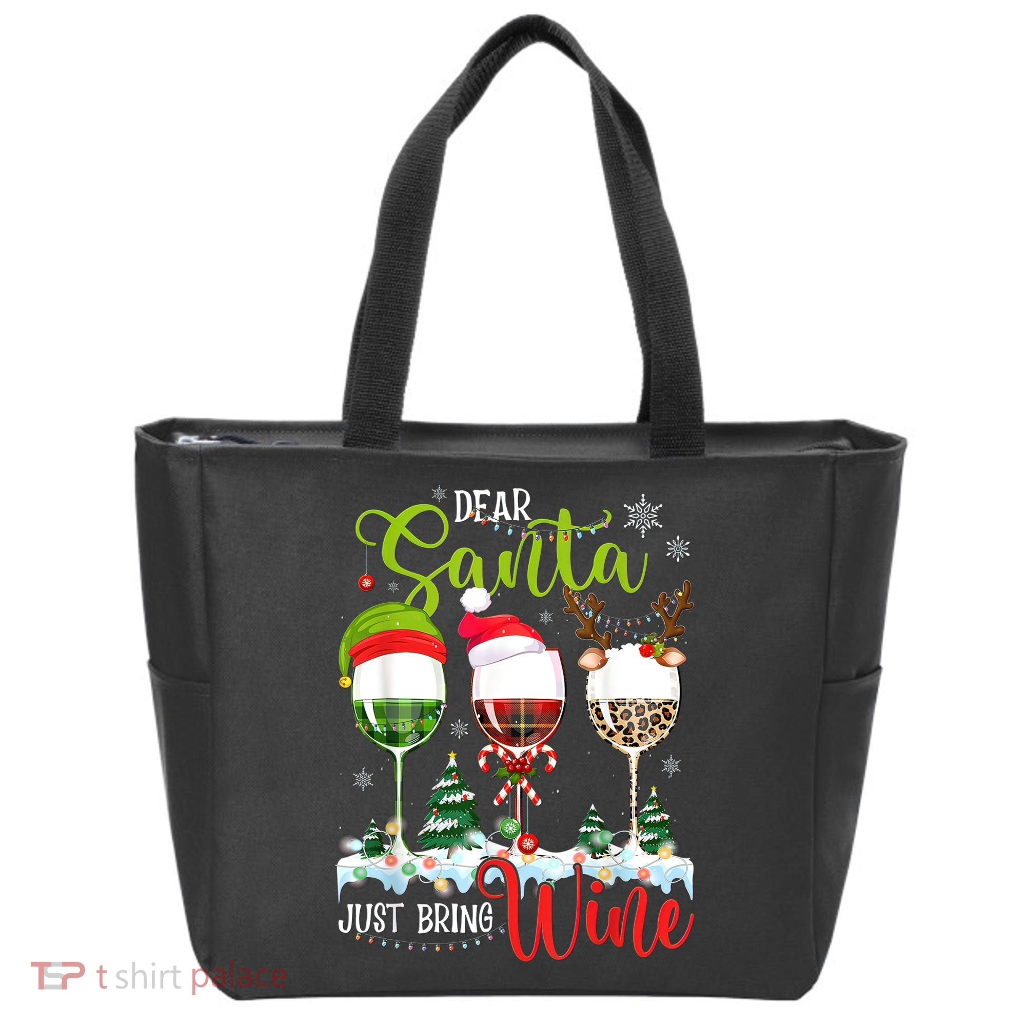 Dear Santa Just Bring Wine Funny Christmas Wine Glasses Tote Bag