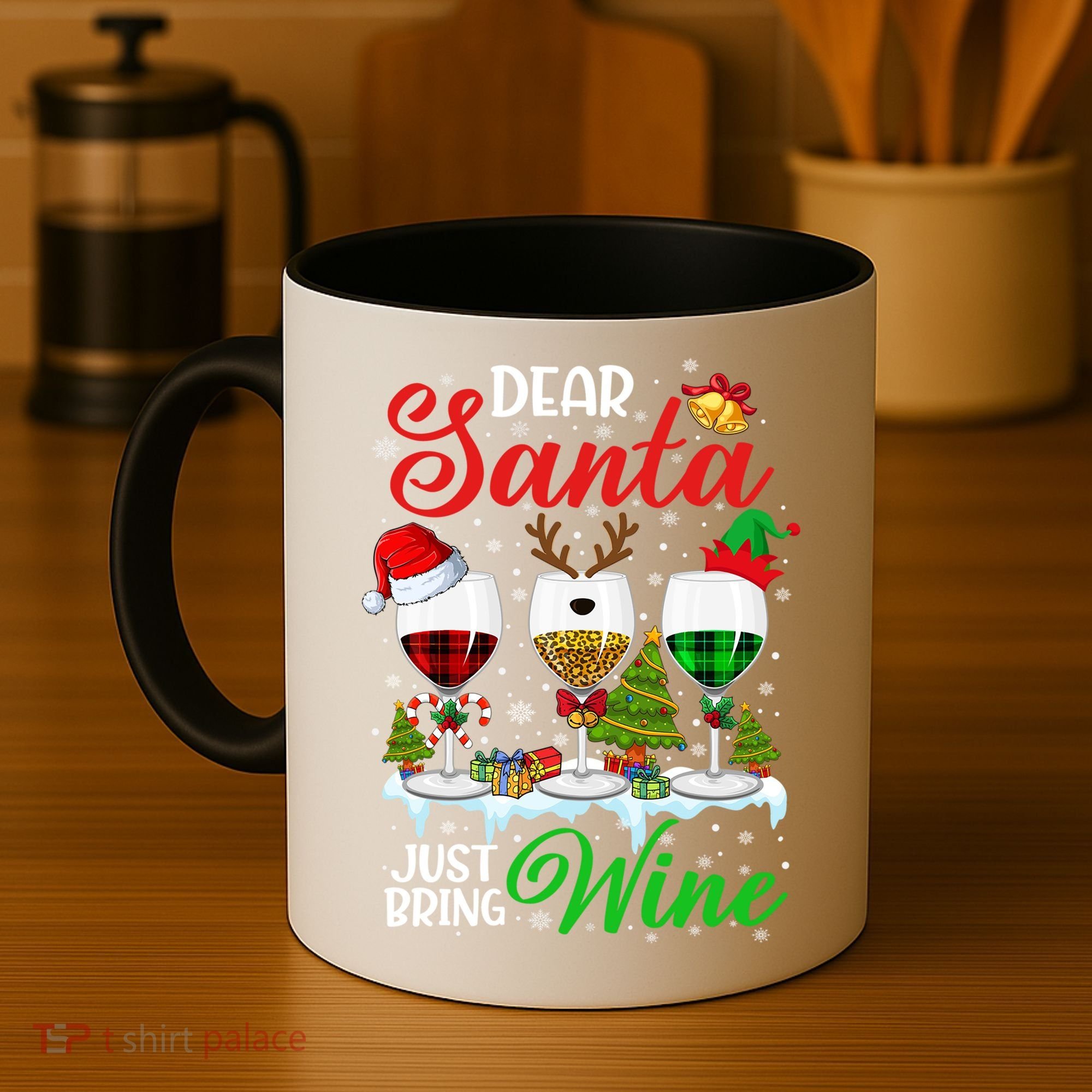 Dear Santa Just Bring Wine Funny Christmas Wine Glasses Gift Coffee Mug