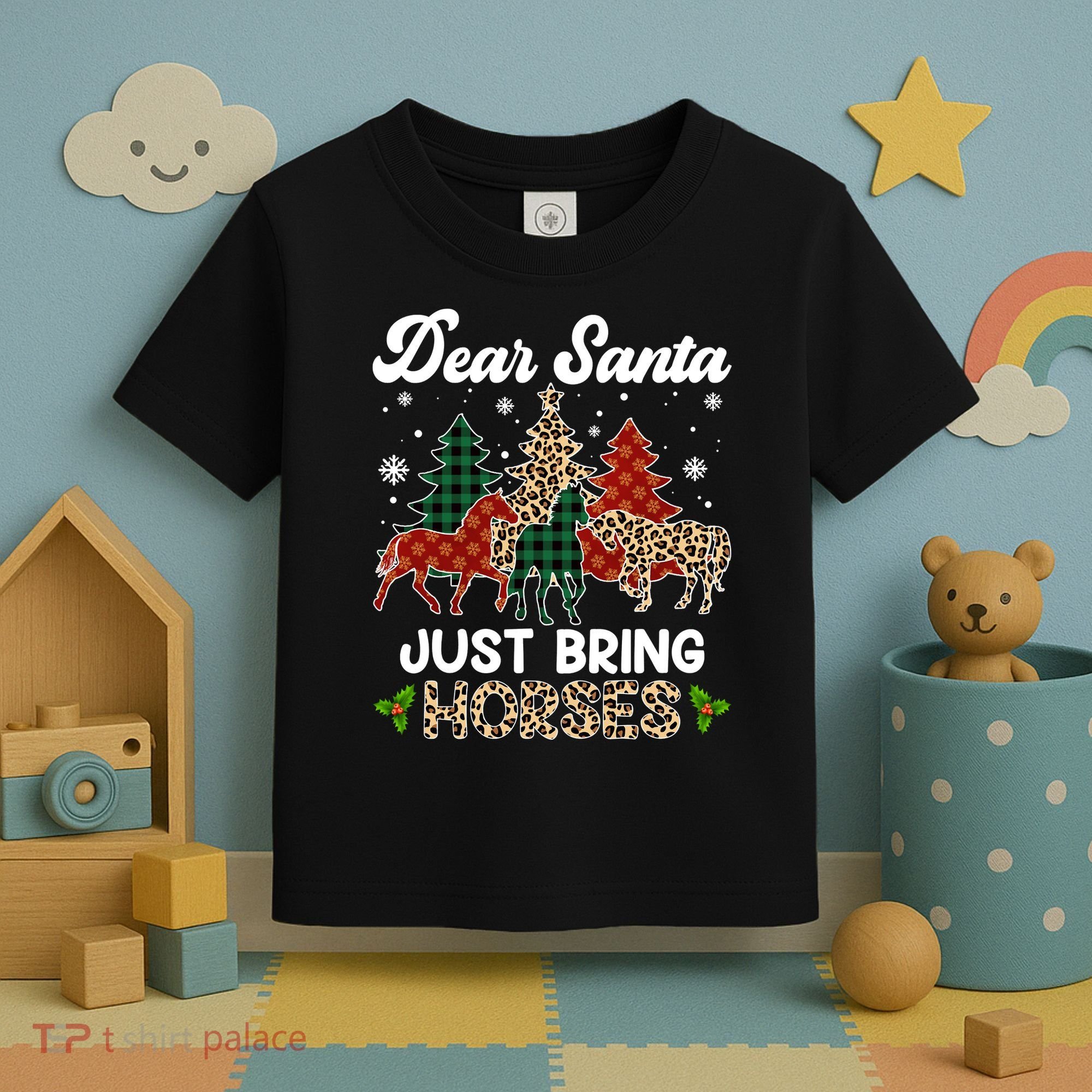 Dear Santa Just Bring Horses ELF Santa Leopard Christmas Toddler T-Shirt