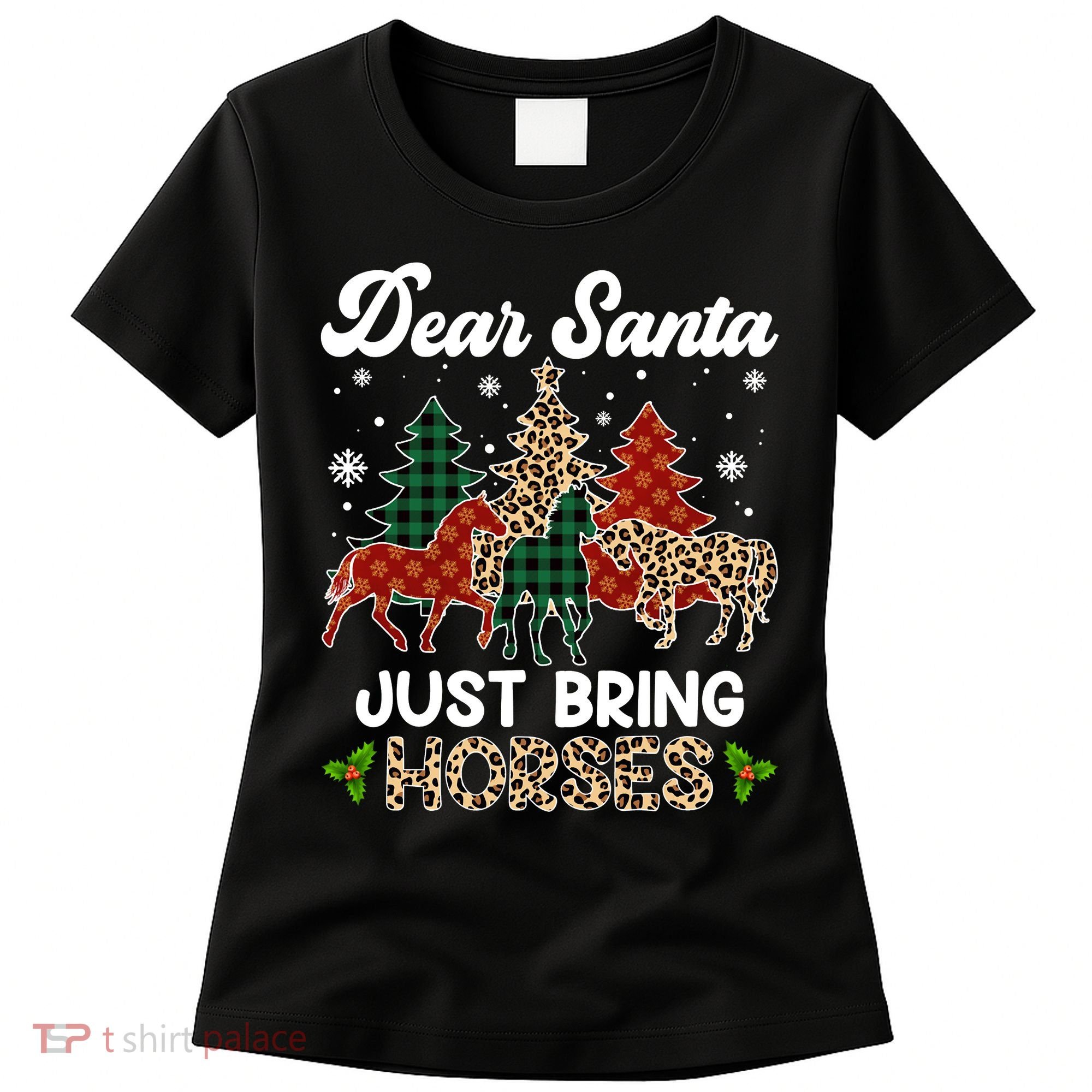 Dear Santa Just Bring Horses ELF Santa Leopard Christmas Women's T-Shirt