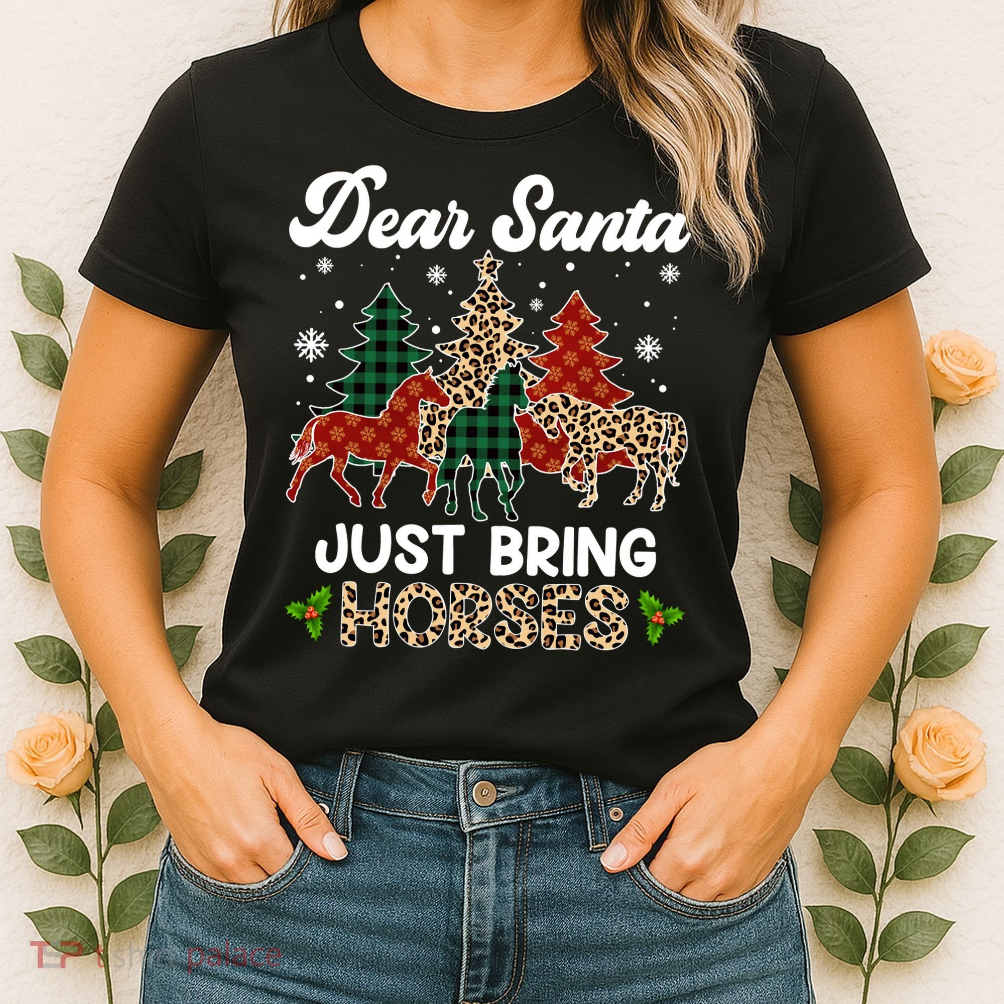 Dear Santa Just Bring Horses ELF Santa Leopard Christmas Women's T-Shirt