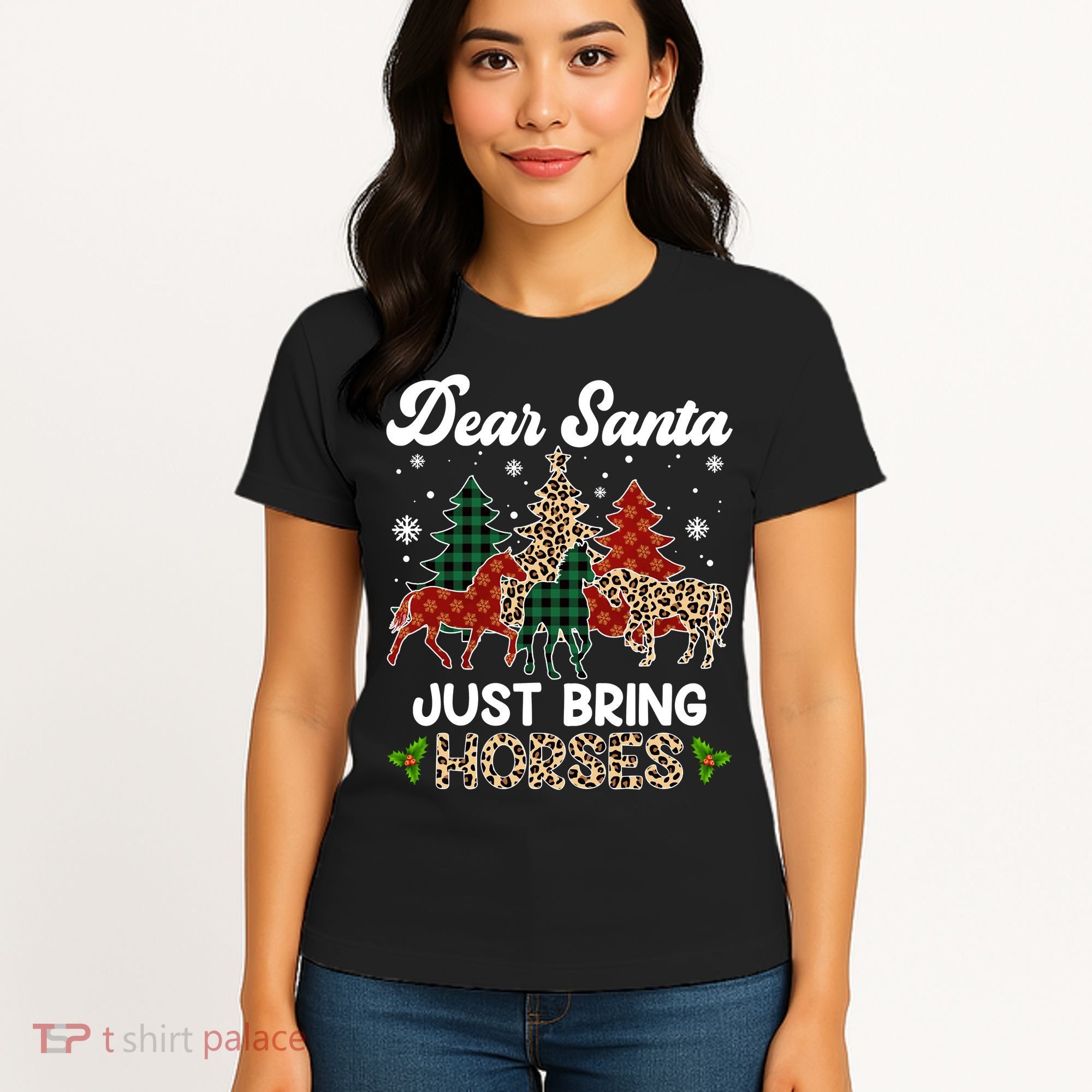 Dear Santa Just Bring Horses ELF Santa Leopard Christmas Women's T-Shirt
