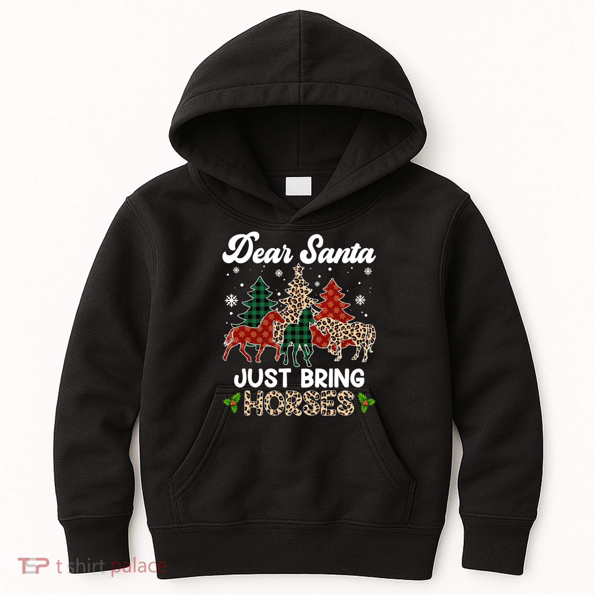 Dear Santa Just Bring Horses ELF Santa Leopard Christmas Kids Hoodie