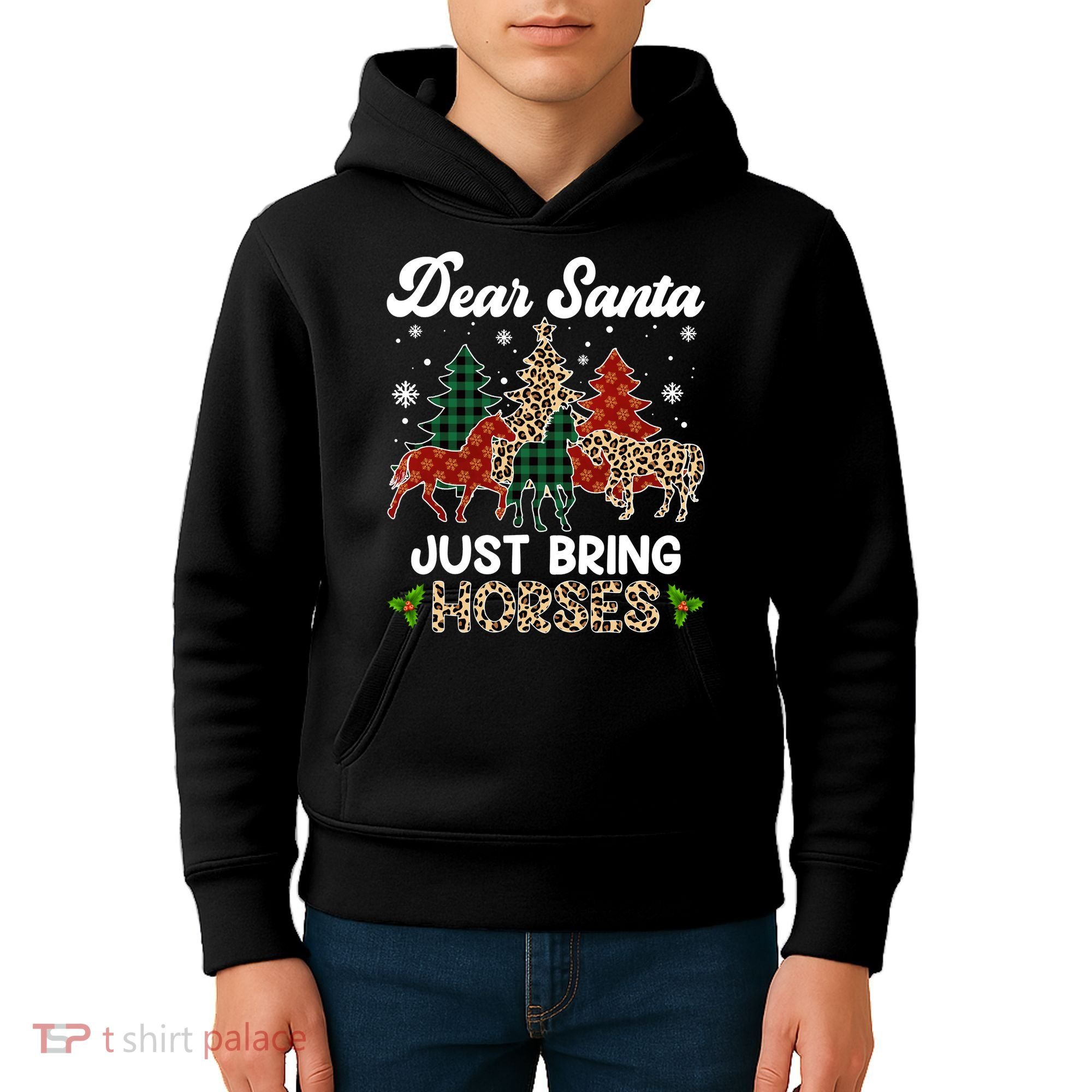 Dear Santa Just Bring Horses ELF Santa Leopard Christmas Kids Hoodie