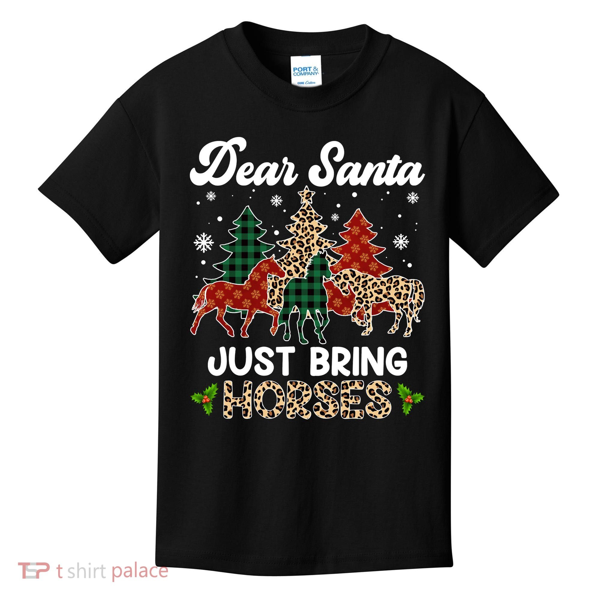 Dear Santa Just Bring Horses ELF Santa Leopard Christmas Kids T-Shirt