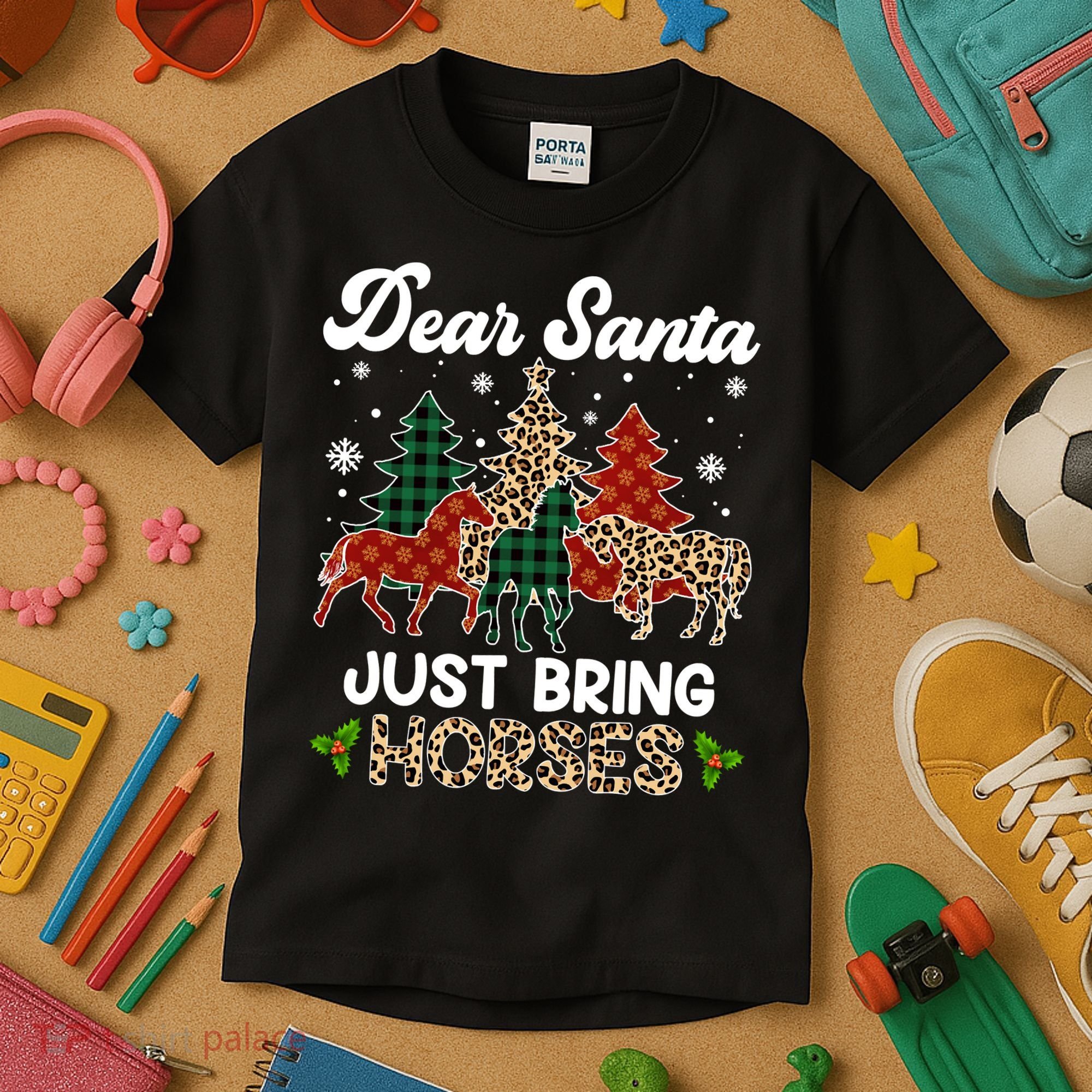 Dear Santa Just Bring Horses ELF Santa Leopard Christmas Kids T-Shirt