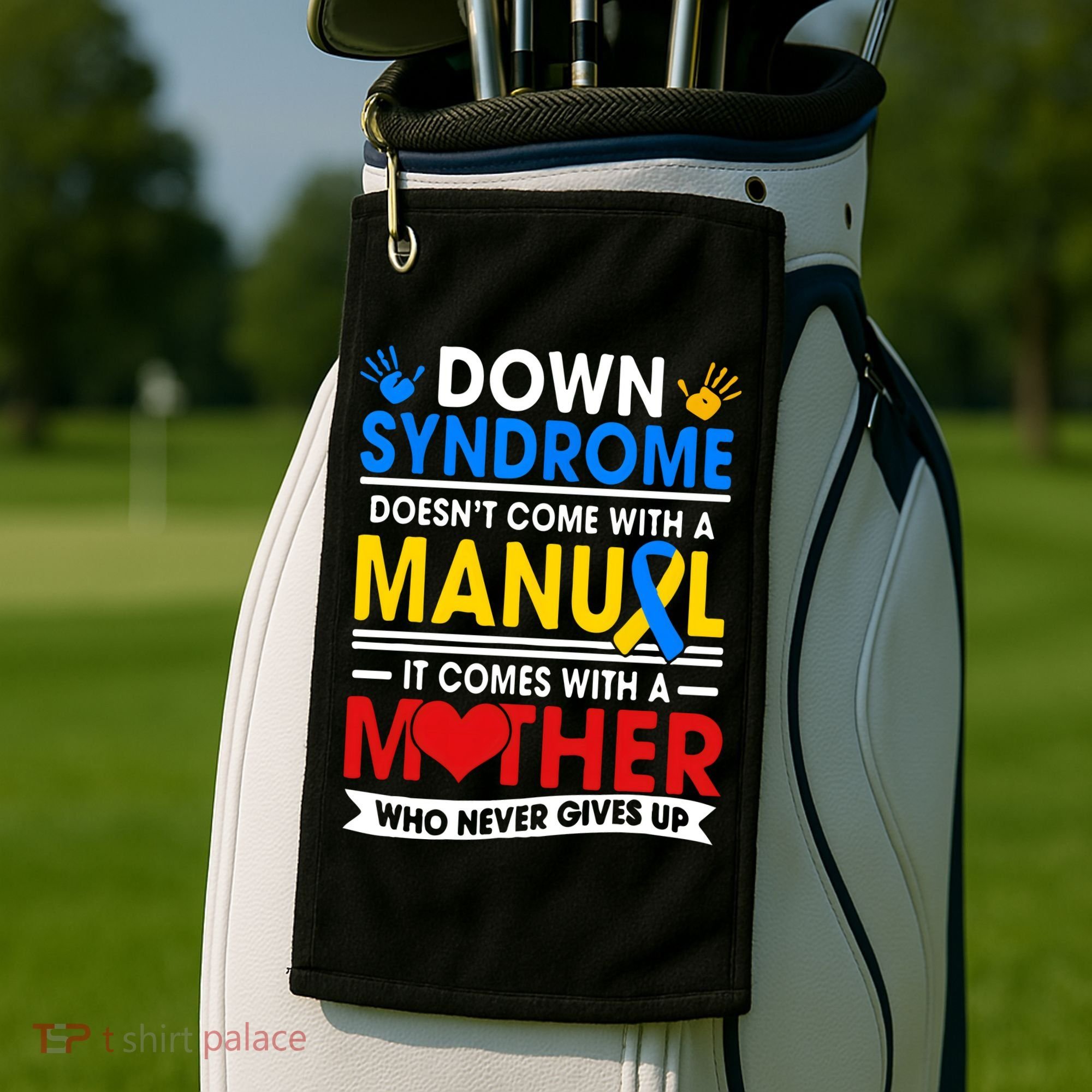 Down Syndrome Mom A Mother Never Gives Up Awareness Gift Golf Towel