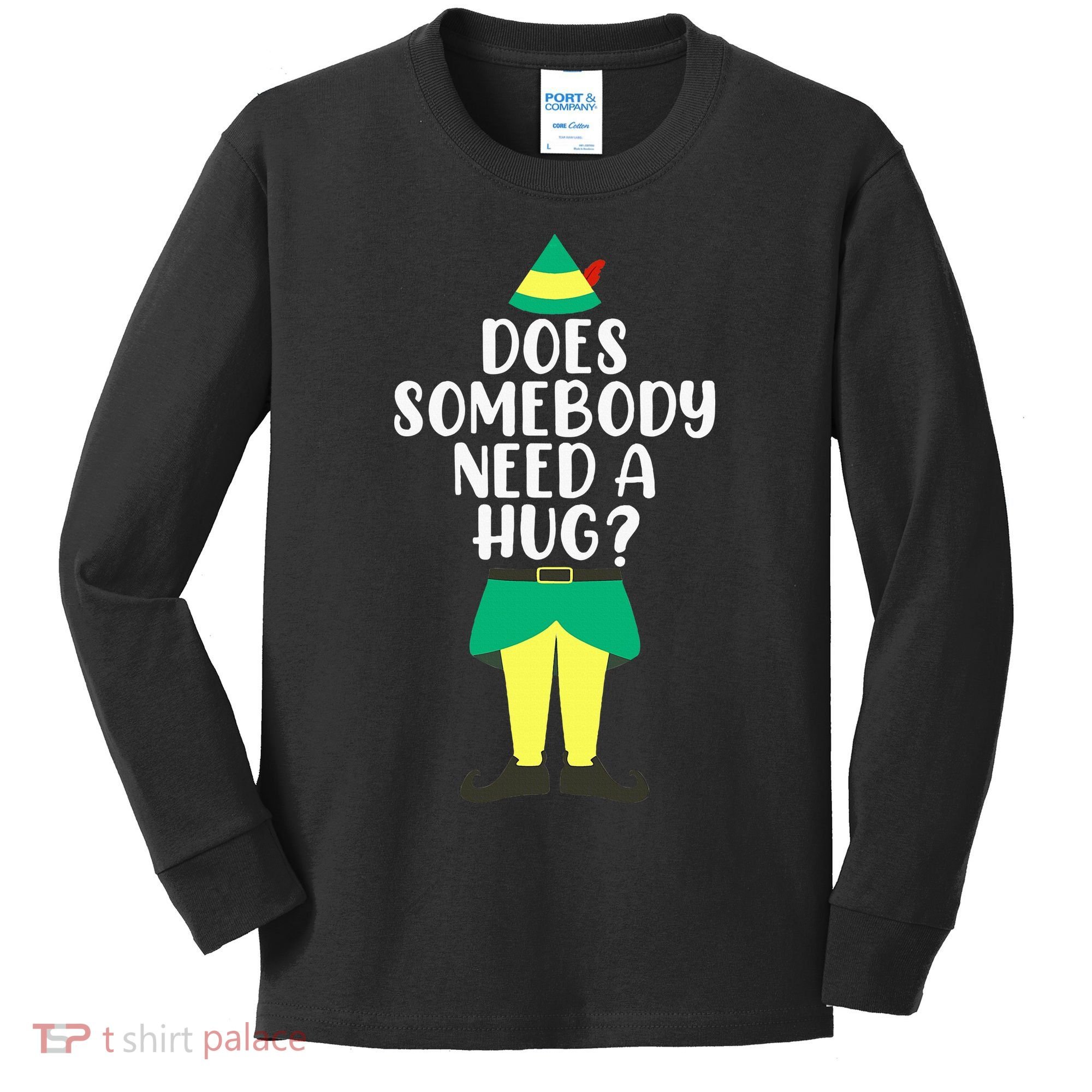Does Somebody Need A Hug Christmas Elf Buddy Ugly Sweaters Kids Long Sleeve Shirt