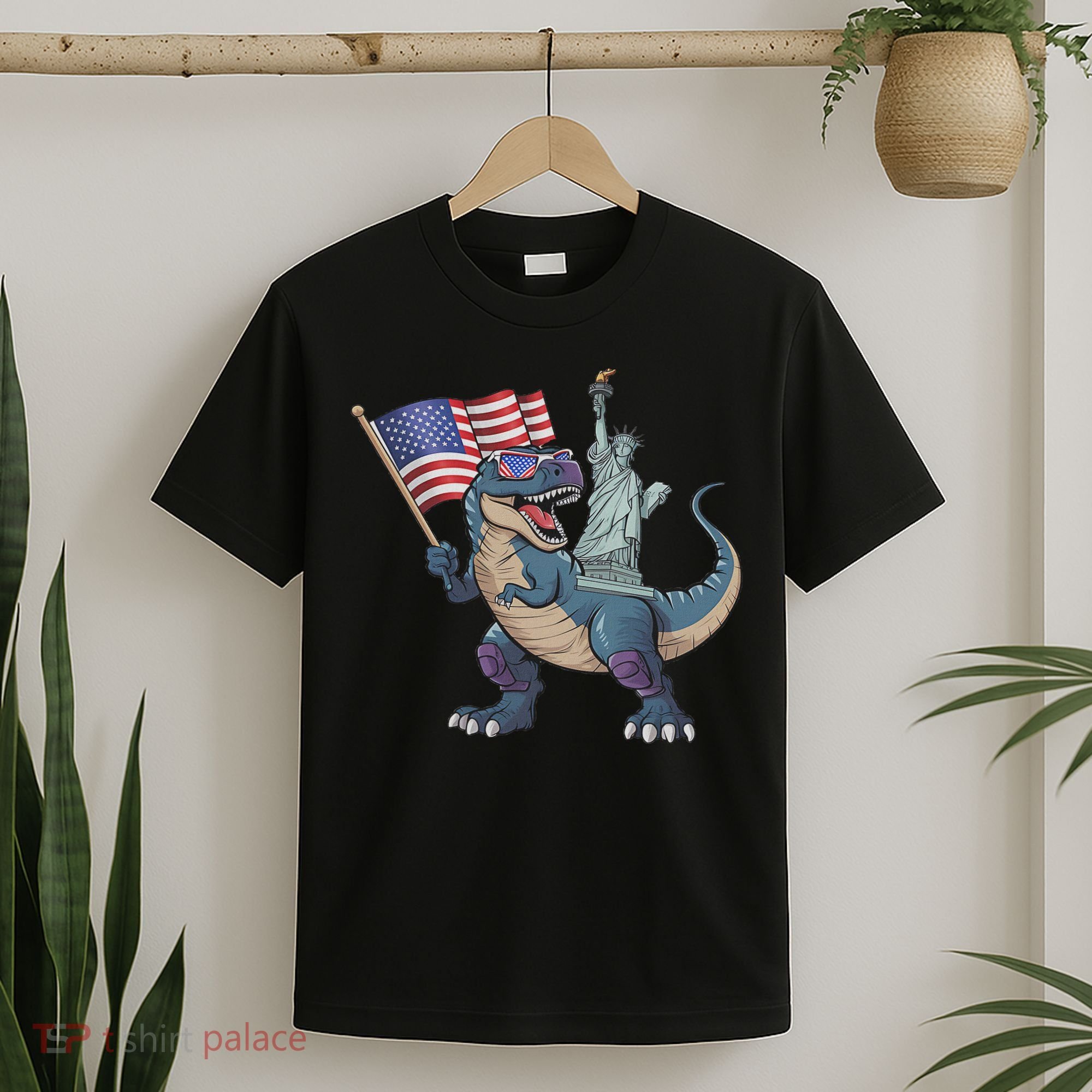 Dino Statue Of Liberty 4th Of July Funny American Flag T-Shirt