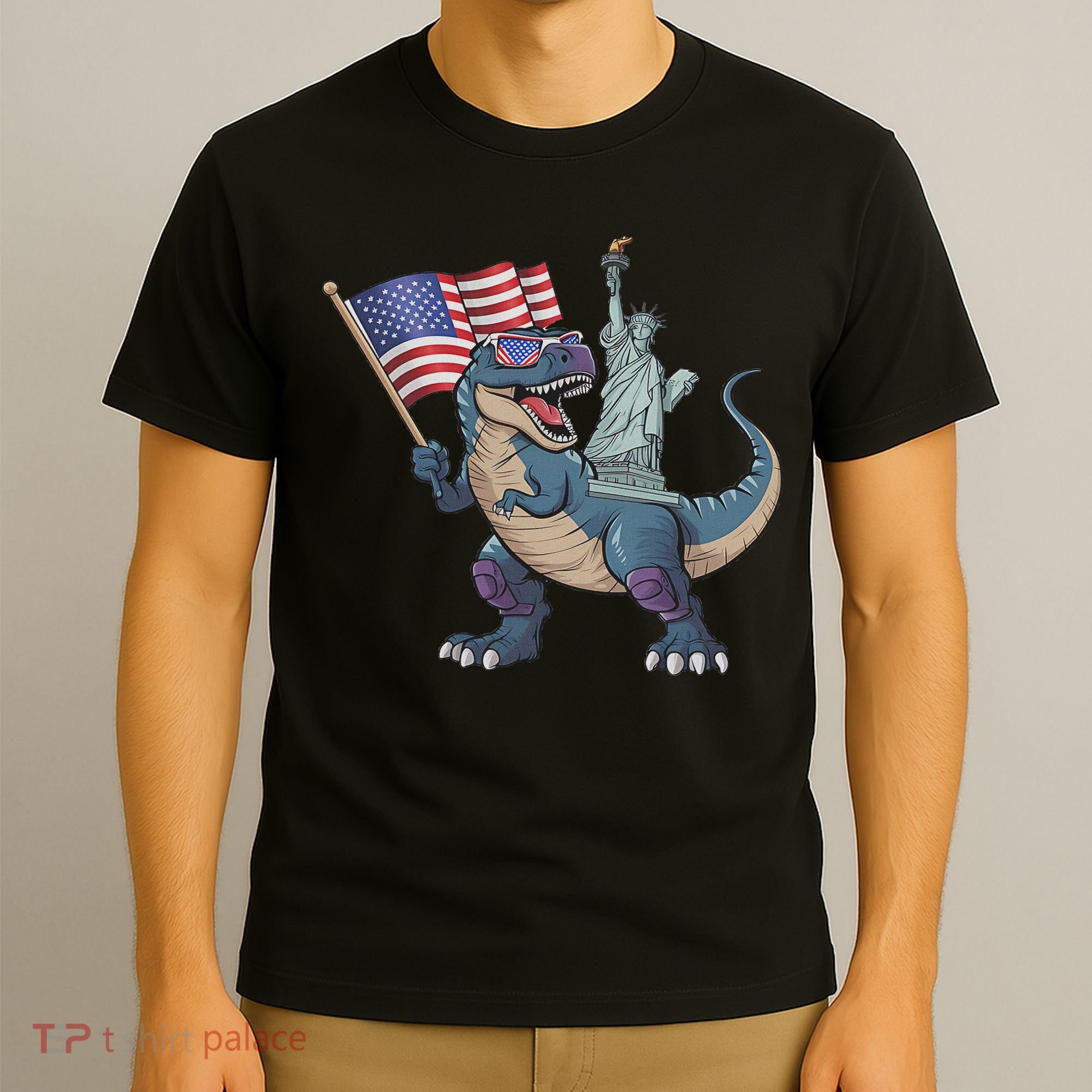 Dino Statue Of Liberty 4th Of July Funny American Flag T-Shirt
