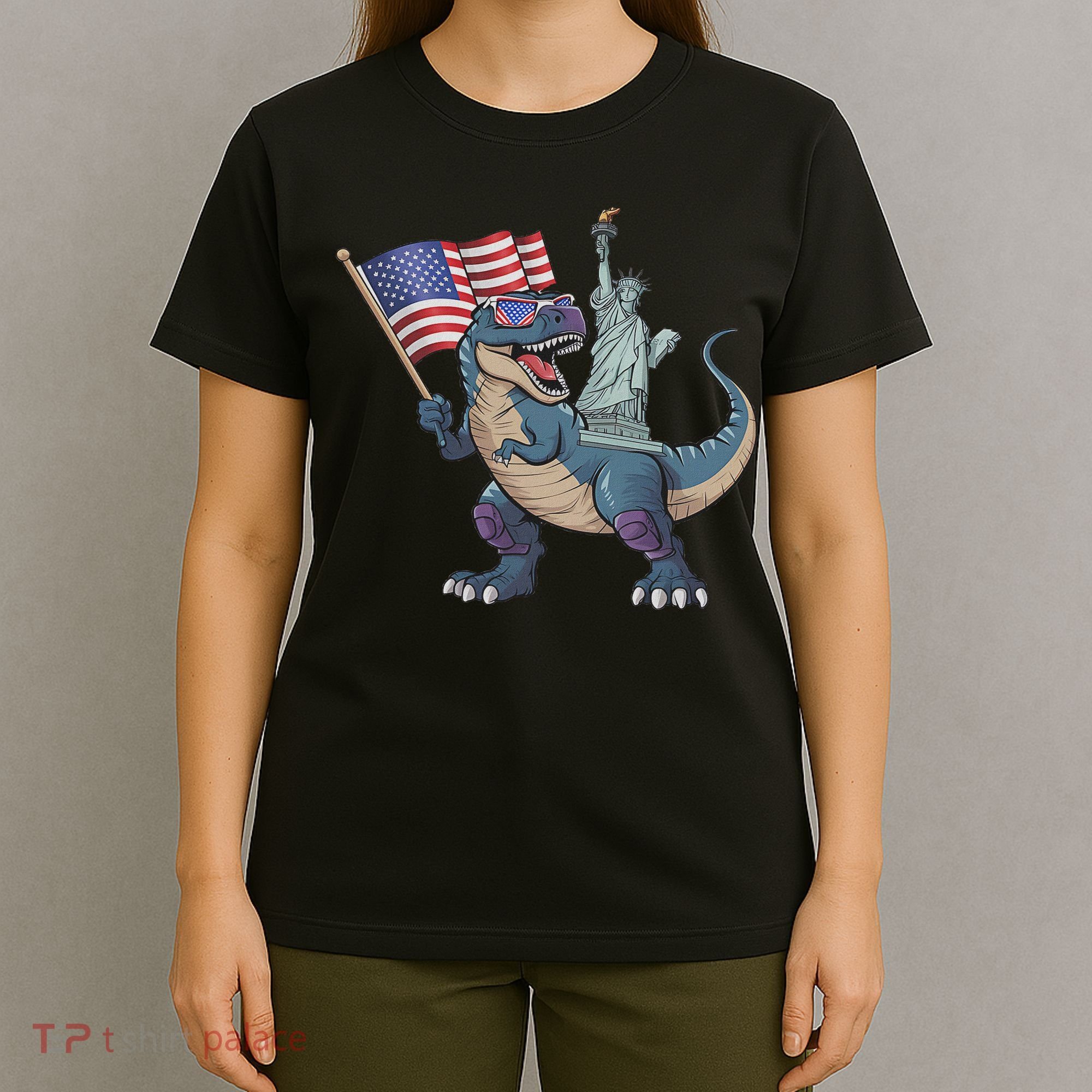 Dino Statue Of Liberty 4th Of July Funny American Flag T-Shirt