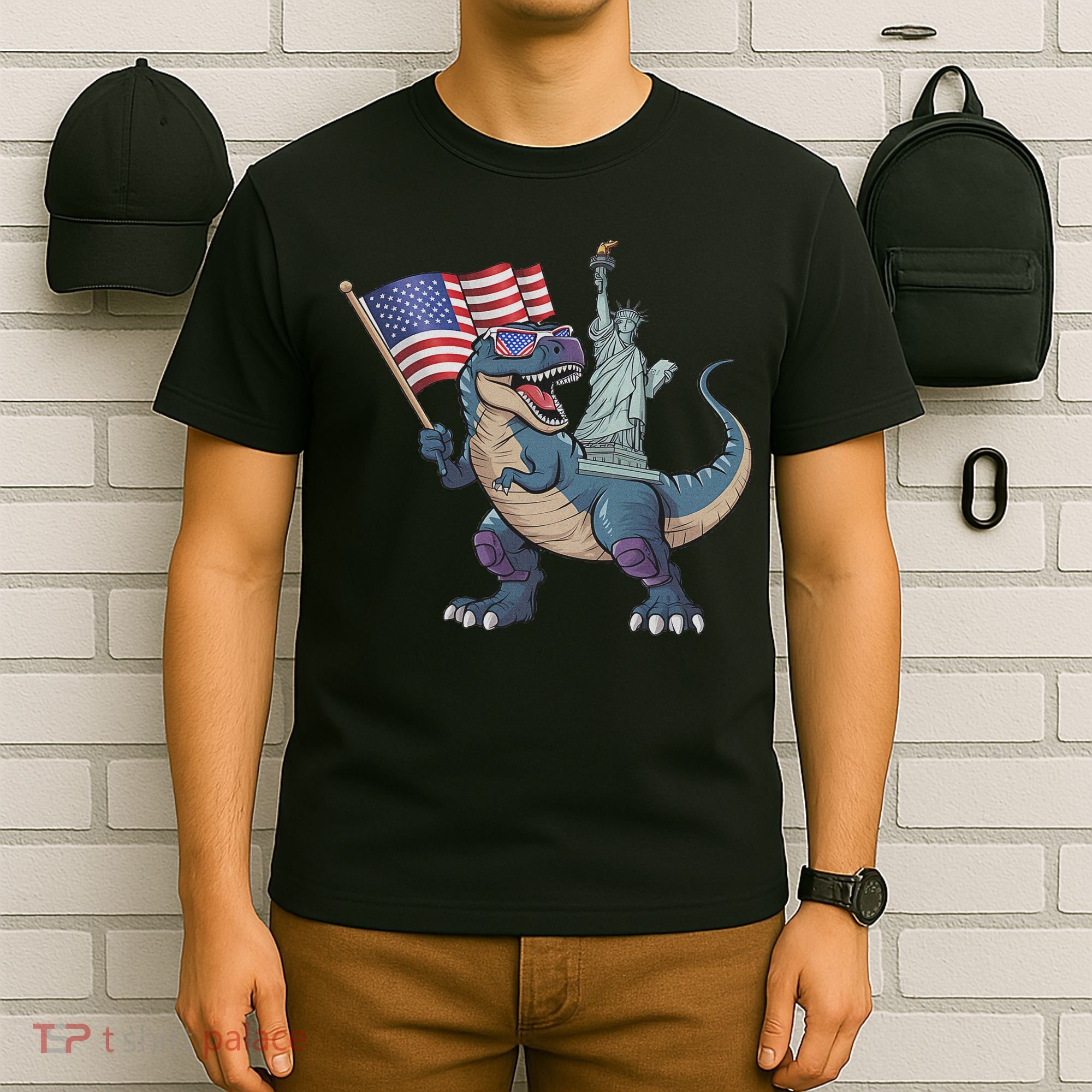Dino Statue Of Liberty 4th Of July Funny American Flag T-Shirt