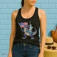 Dino Statue Of Liberty 4th Of July Funny American Flag Women's Tank Top thumb 2