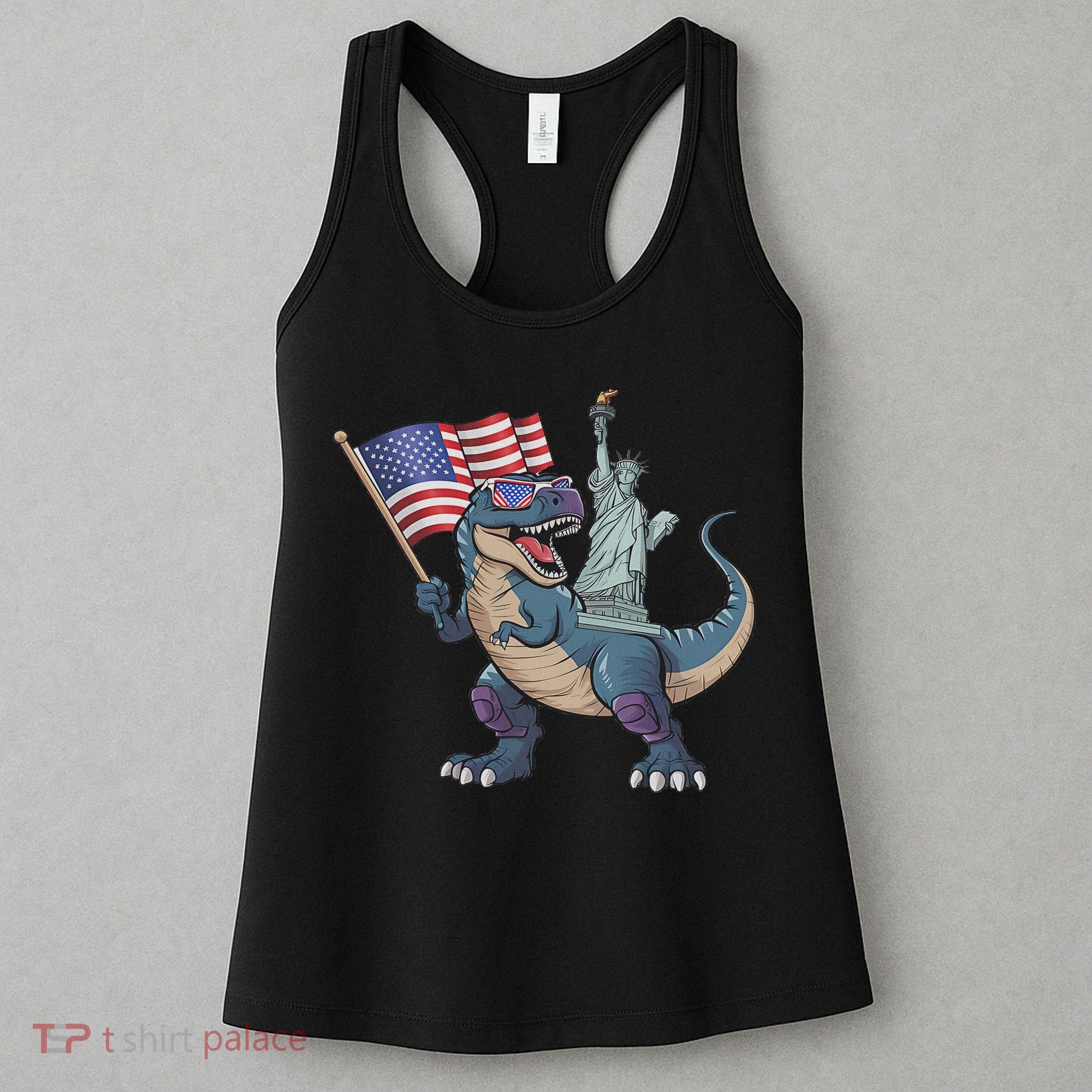 Dino Statue Of Liberty 4th Of July Funny American Flag Women's Tank Top