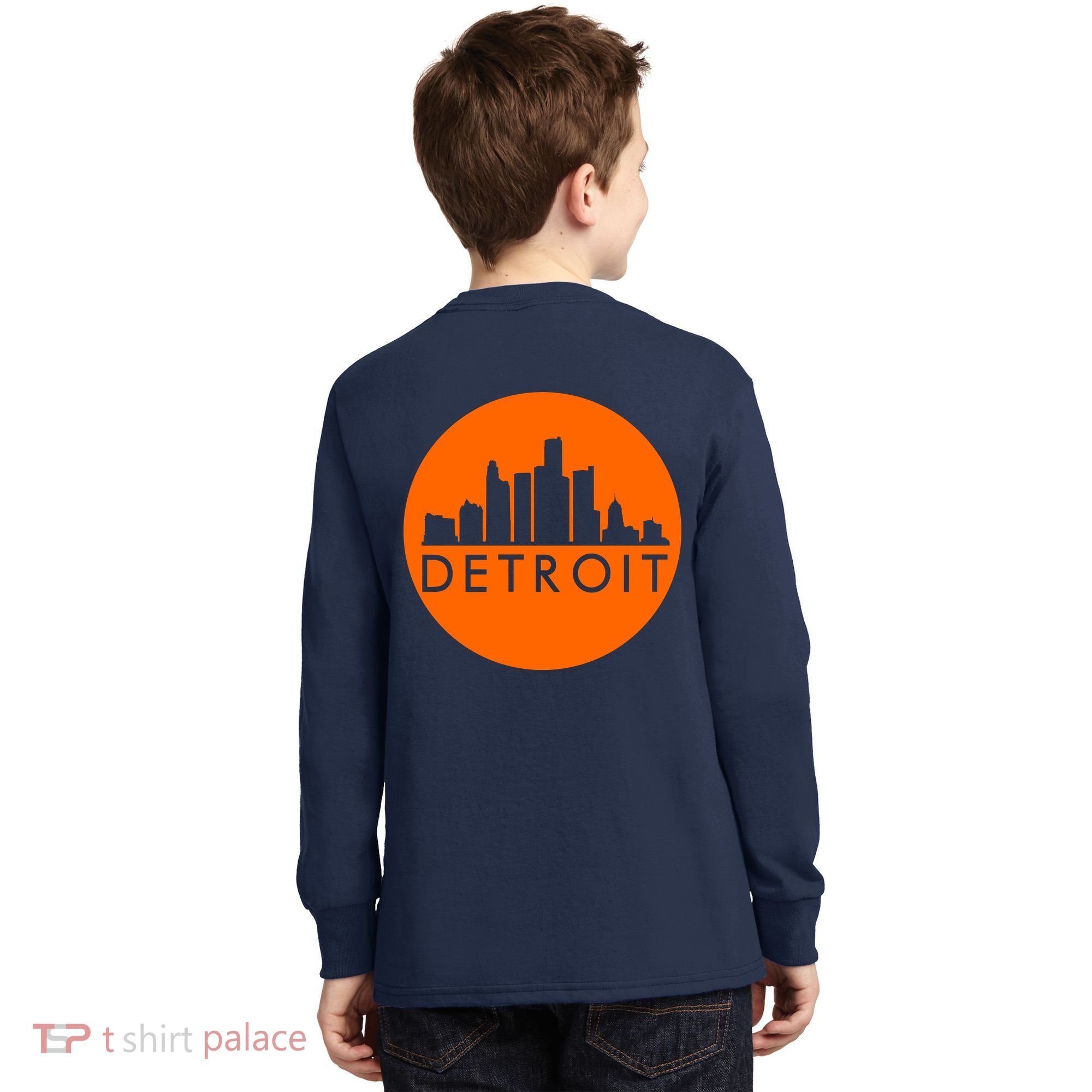 Detroit Simple Orange Logo Front And Back Kids Long Sleeve Shirt