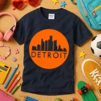 Detroit Simple Orange Logo Front And Back Kids T-Shirt thumb 3