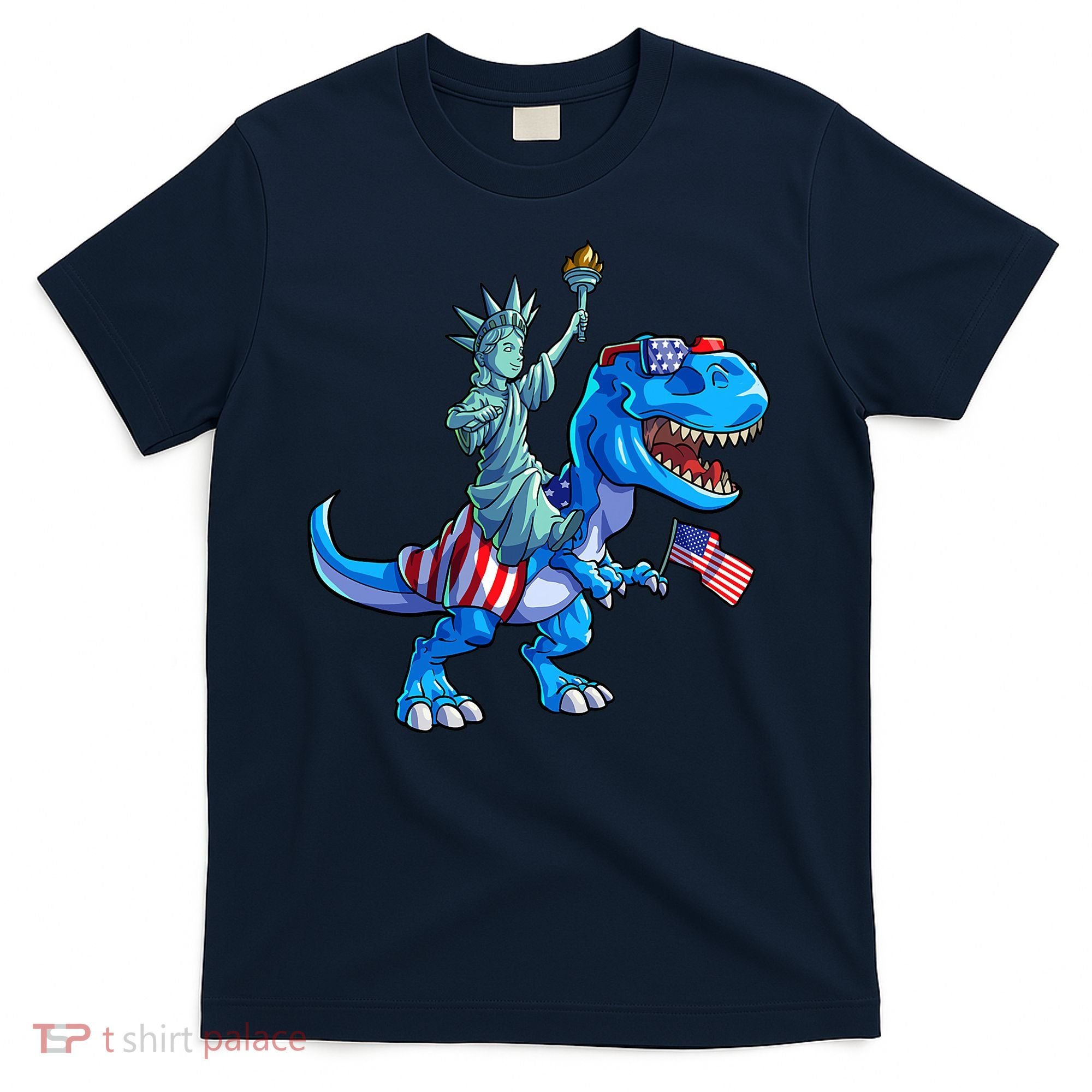 Dino Statue Of Liberty 4th Of July American Flag T-Shirt