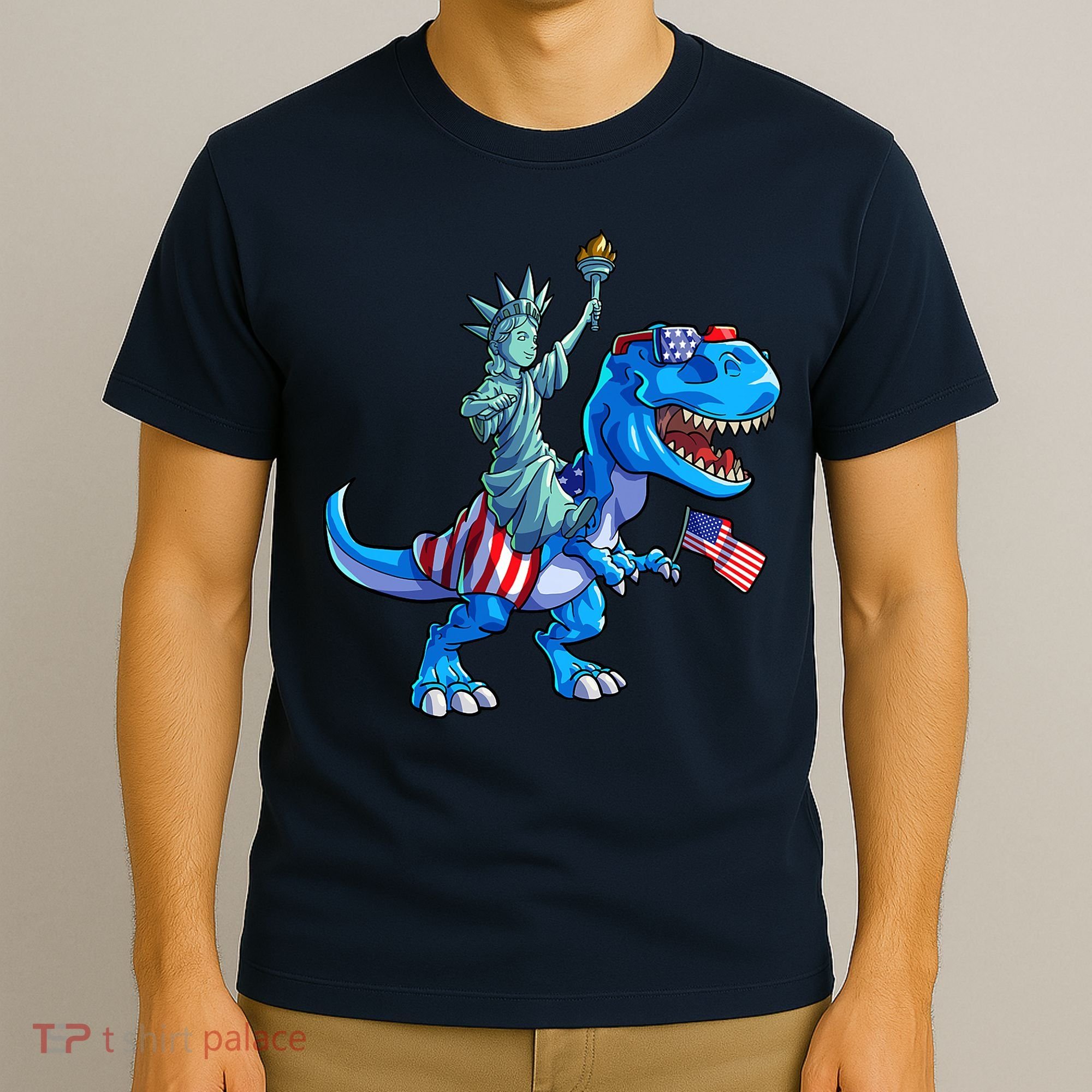 Dino Statue Of Liberty 4th Of July American Flag T-Shirt