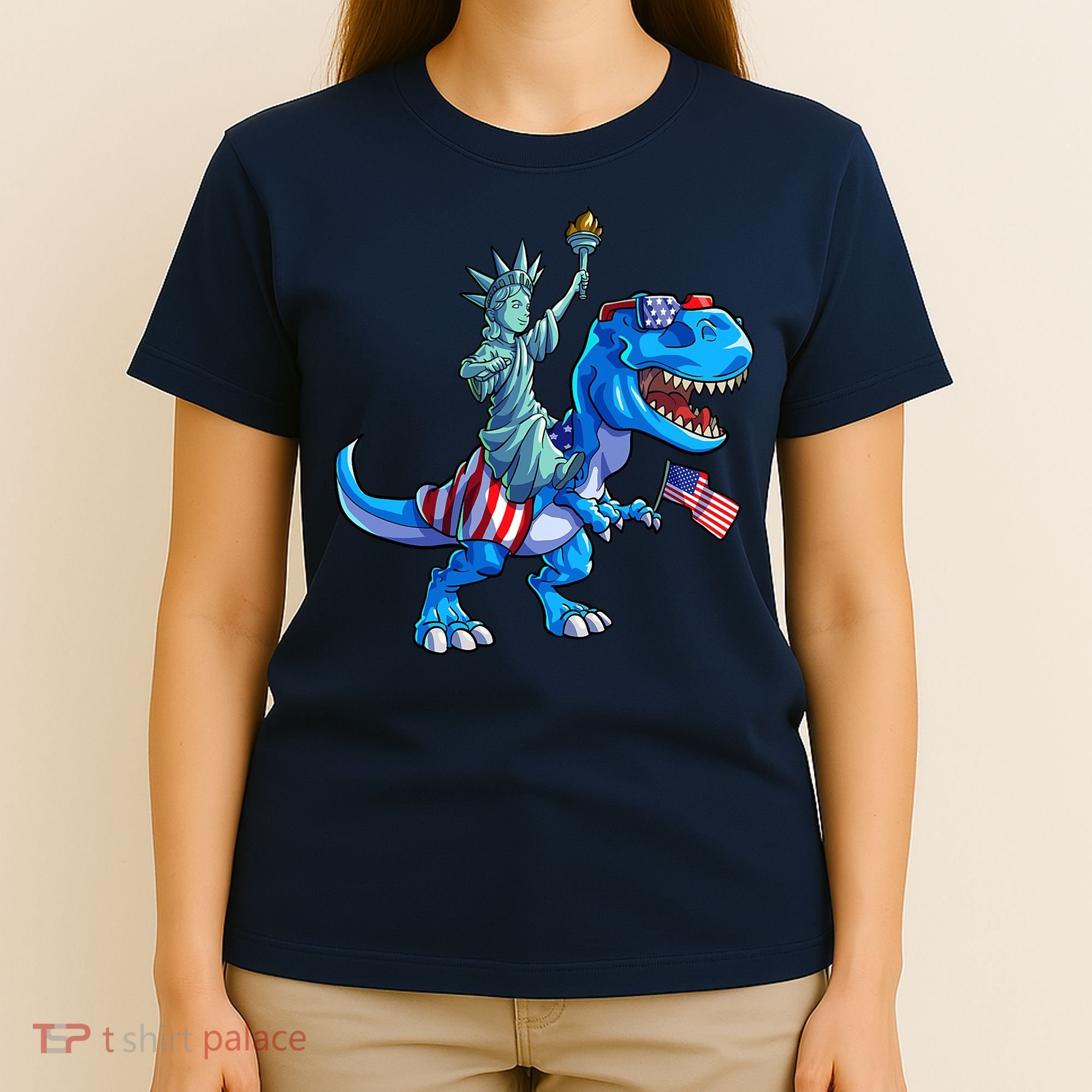 Dino Statue Of Liberty 4th Of July American Flag T-Shirt