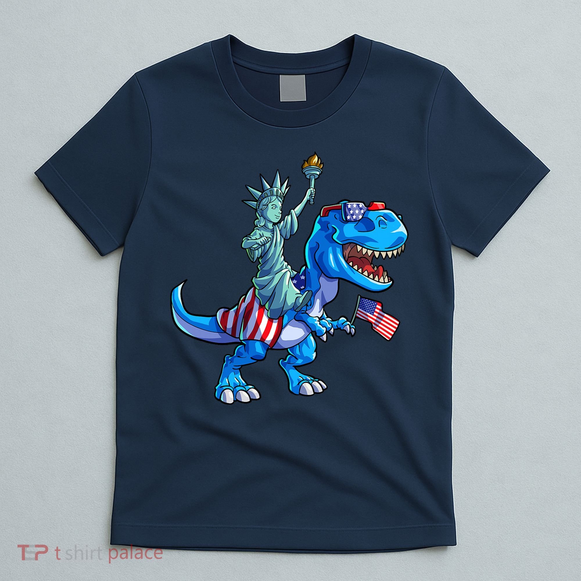 Dino Statue Of Liberty 4th Of July American Flag T-Shirt