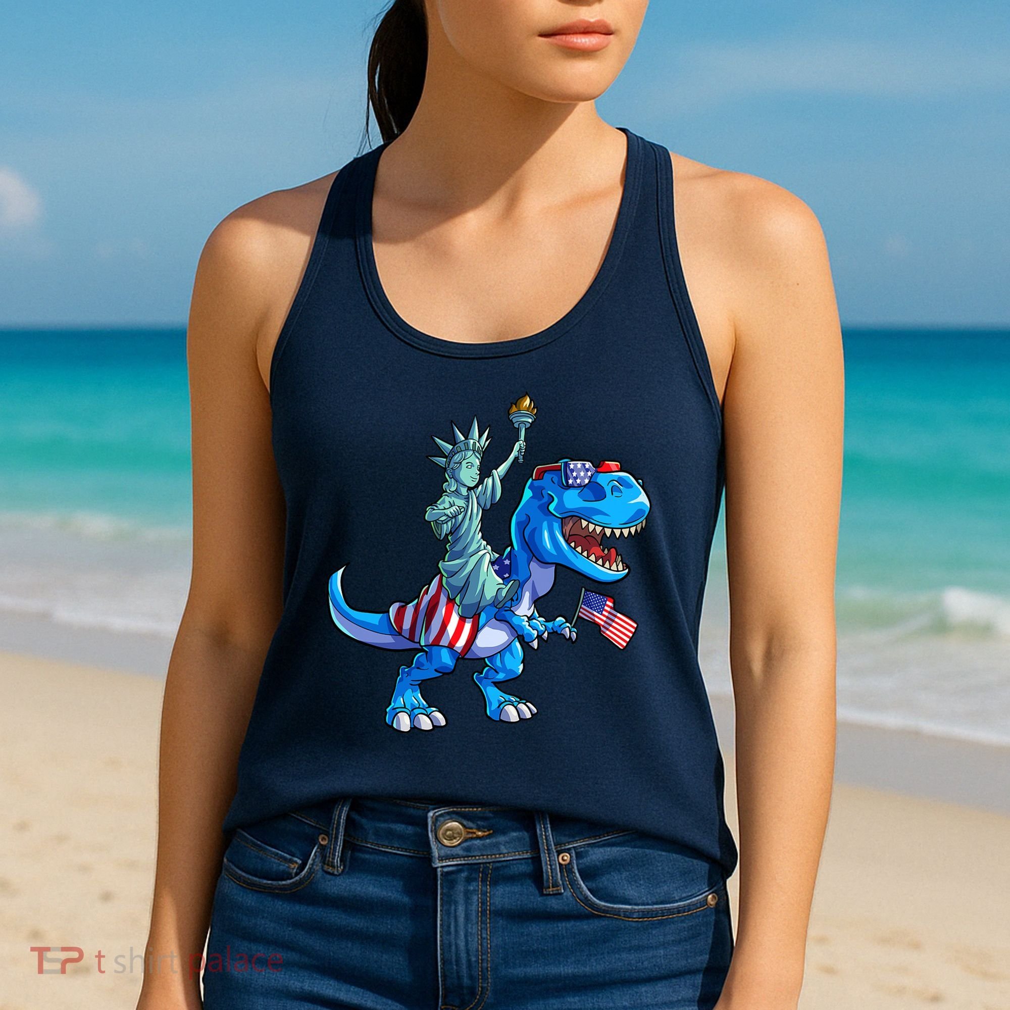 Dino Statue Of Liberty 4th Of July American Flag Women's Tank Top