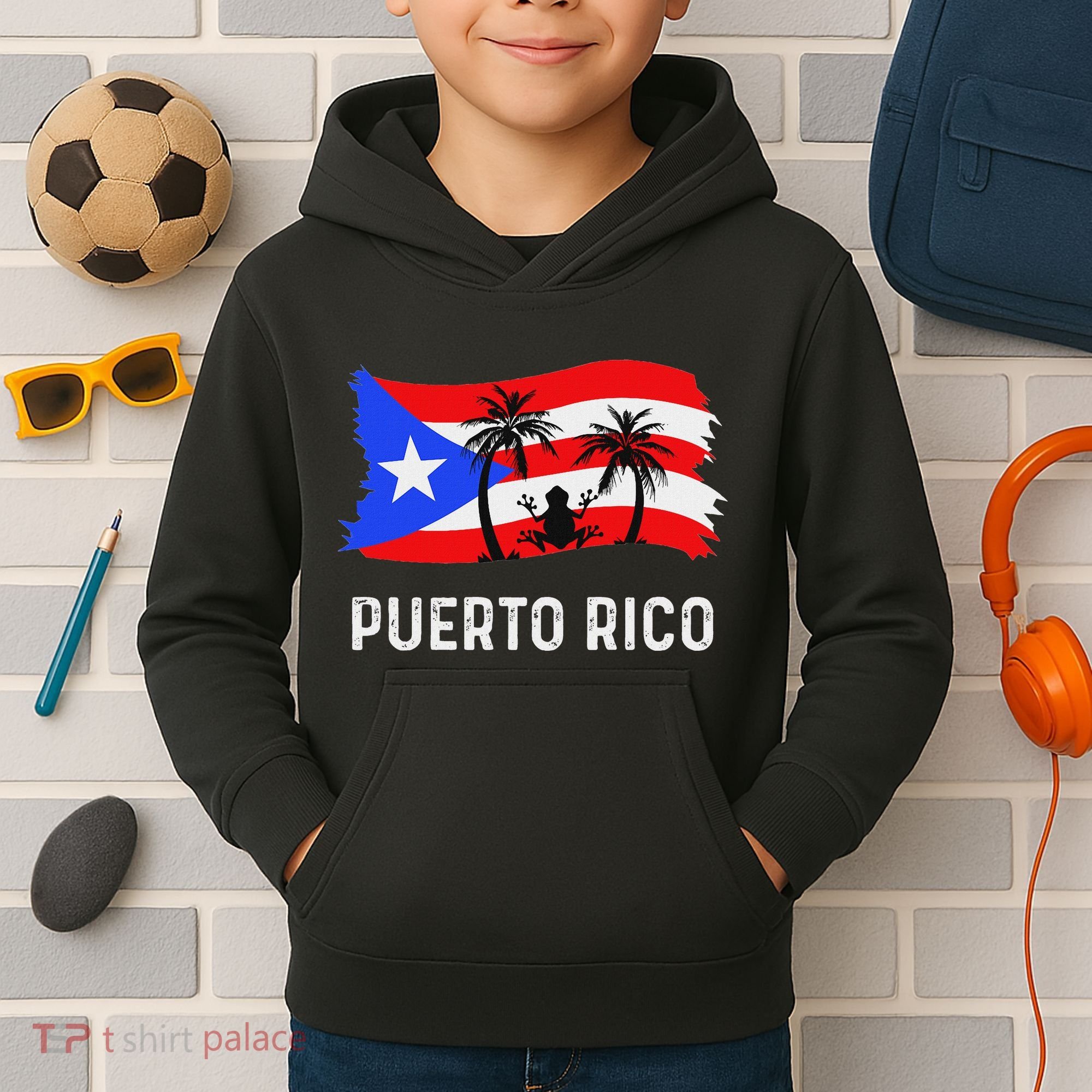 Distressed Style Puerto Rico Frog Puerto Rico Kids Hoodie