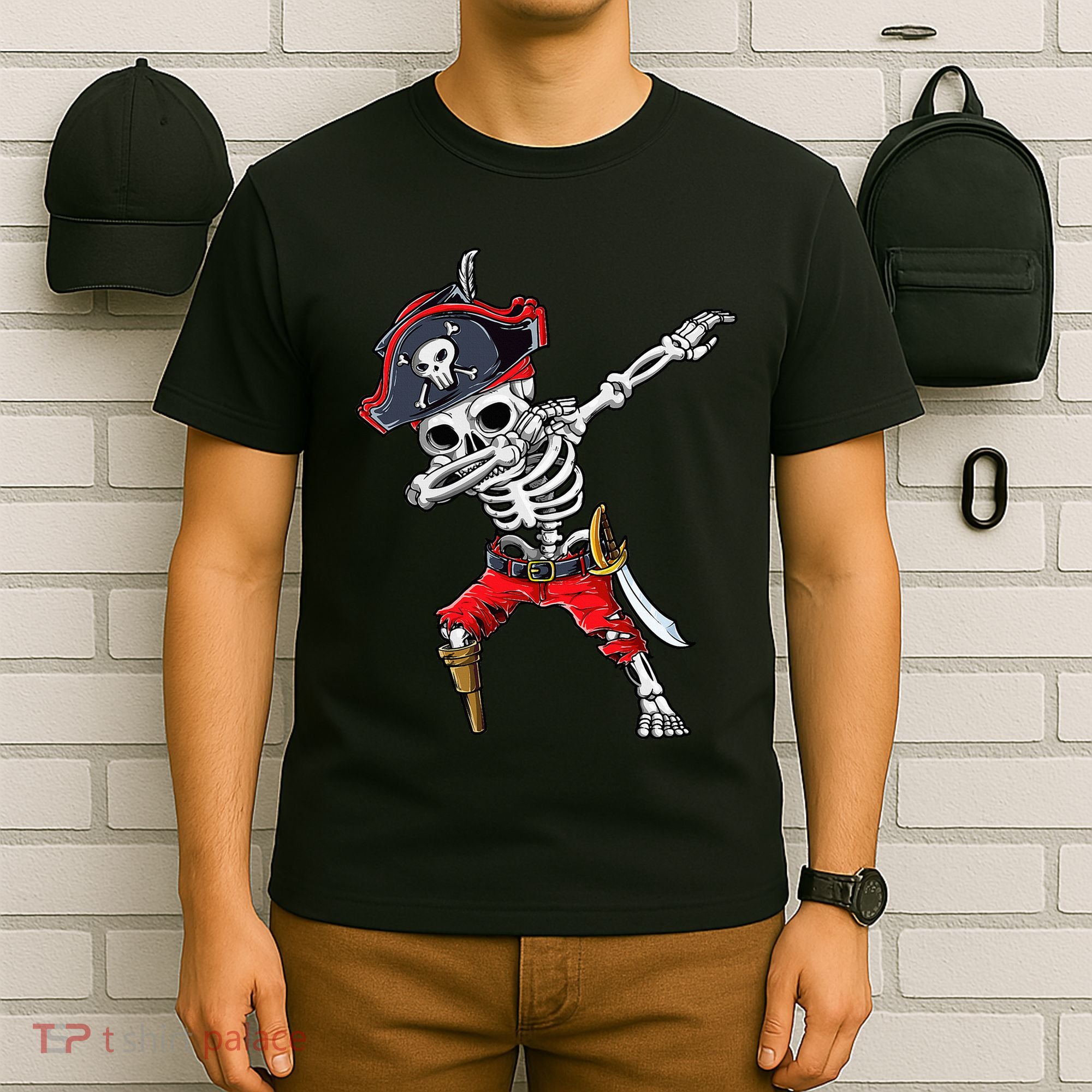 Dabbing Skeleton Pirate Halloween Kids Jolly Roger T-Shirt