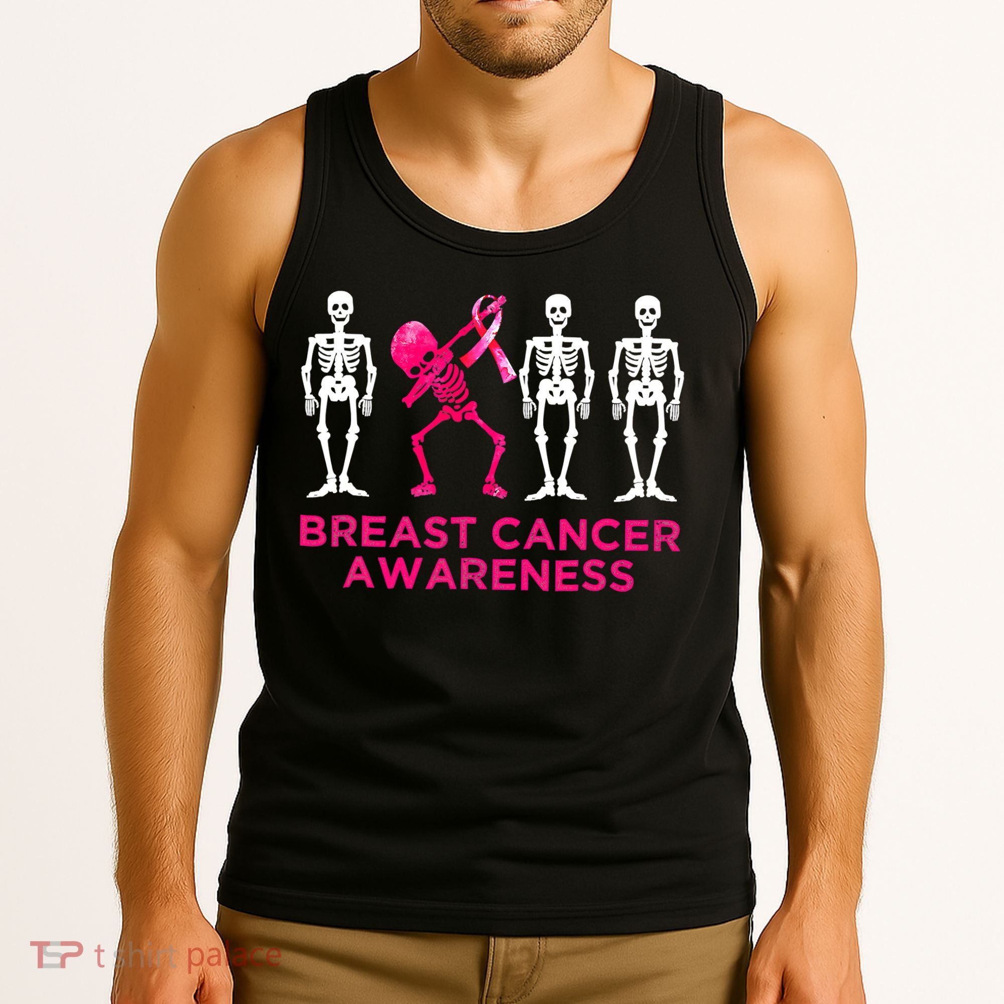 Dabbing Skeleton Pink Ribbon Breast Cancer Halloween Tank Top