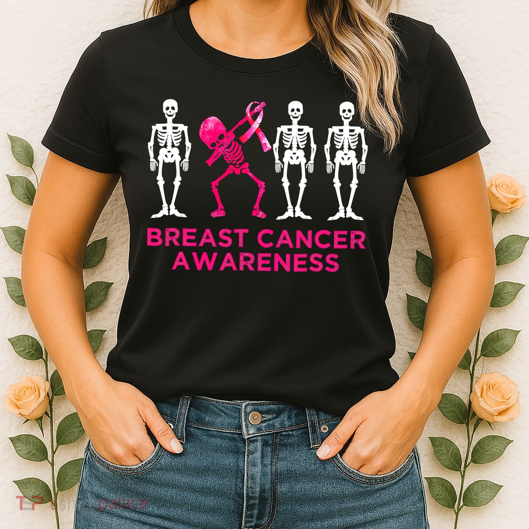 Dabbing Skeleton Pink Ribbon Breast Cancer Halloween Women's T-Shirt