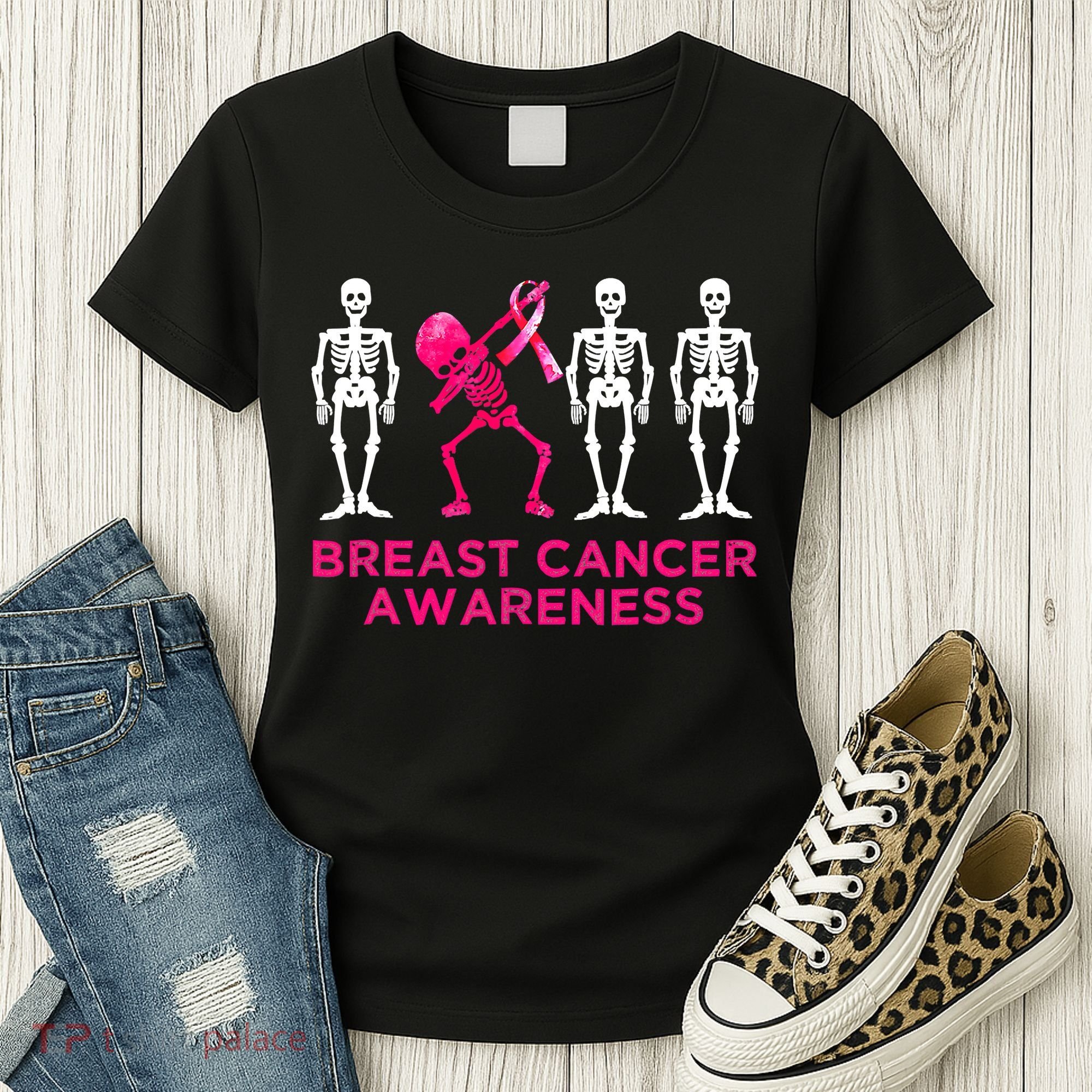 Dabbing Skeleton Pink Ribbon Breast Cancer Halloween Women's T-Shirt