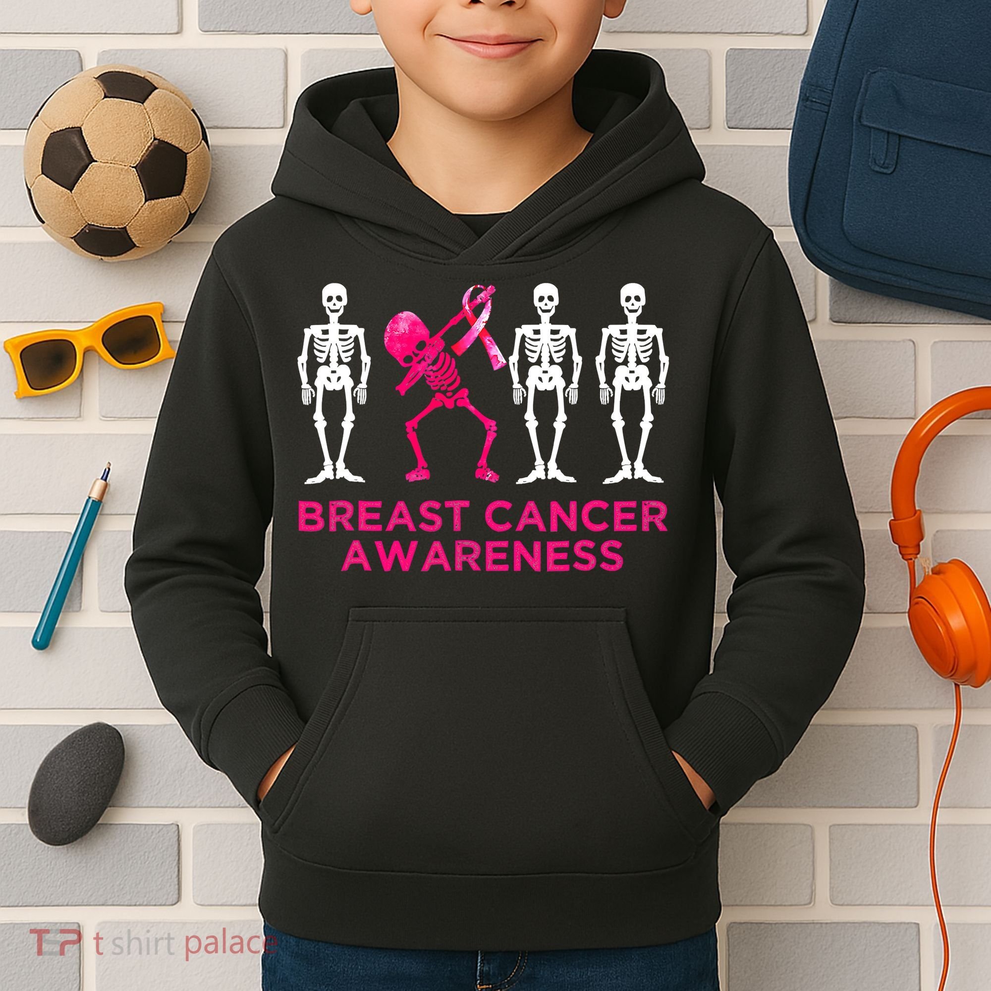 Dabbing Skeleton Pink Ribbon Breast Cancer Halloween Kids Hoodie