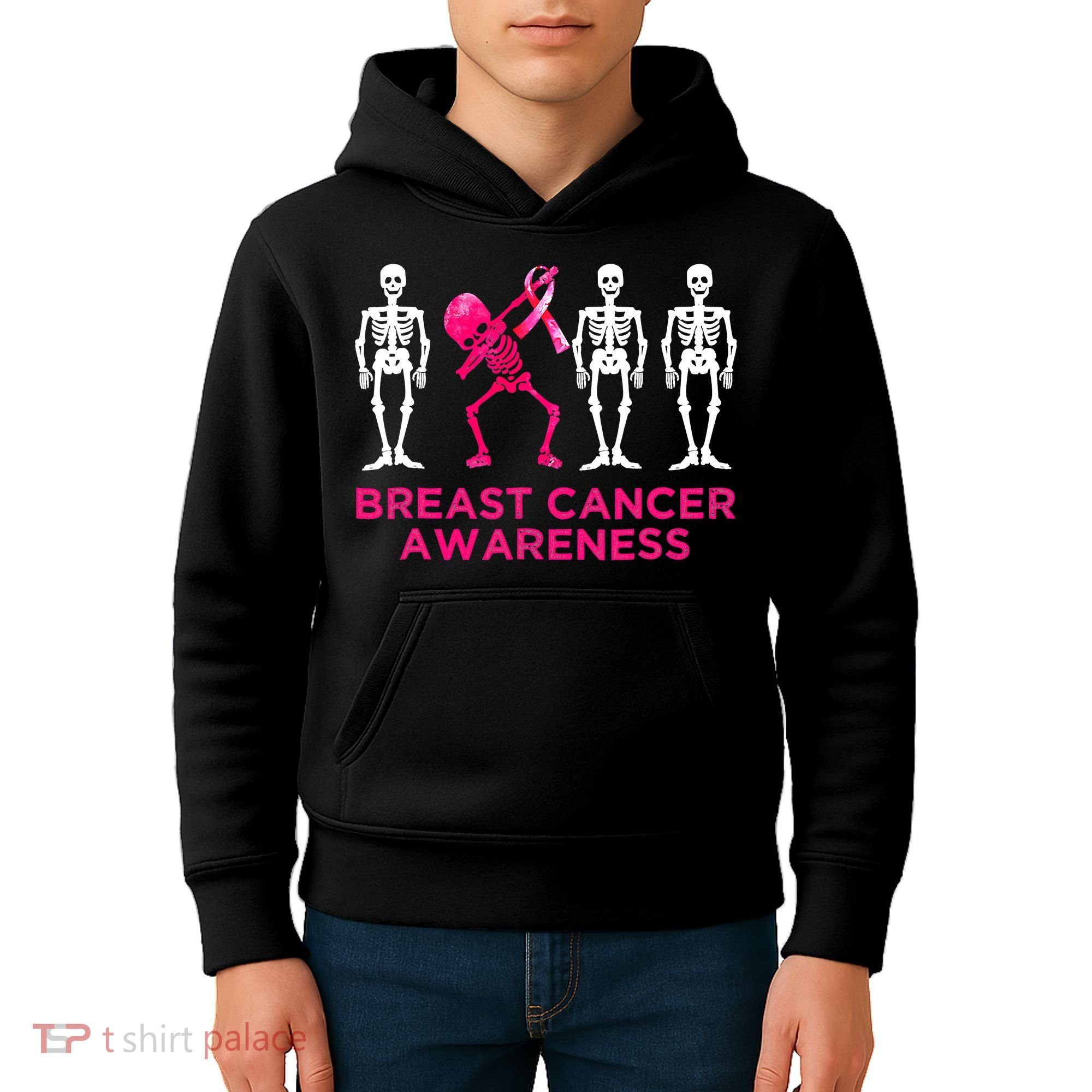 Dabbing Skeleton Pink Ribbon Breast Cancer Halloween Kids Hoodie